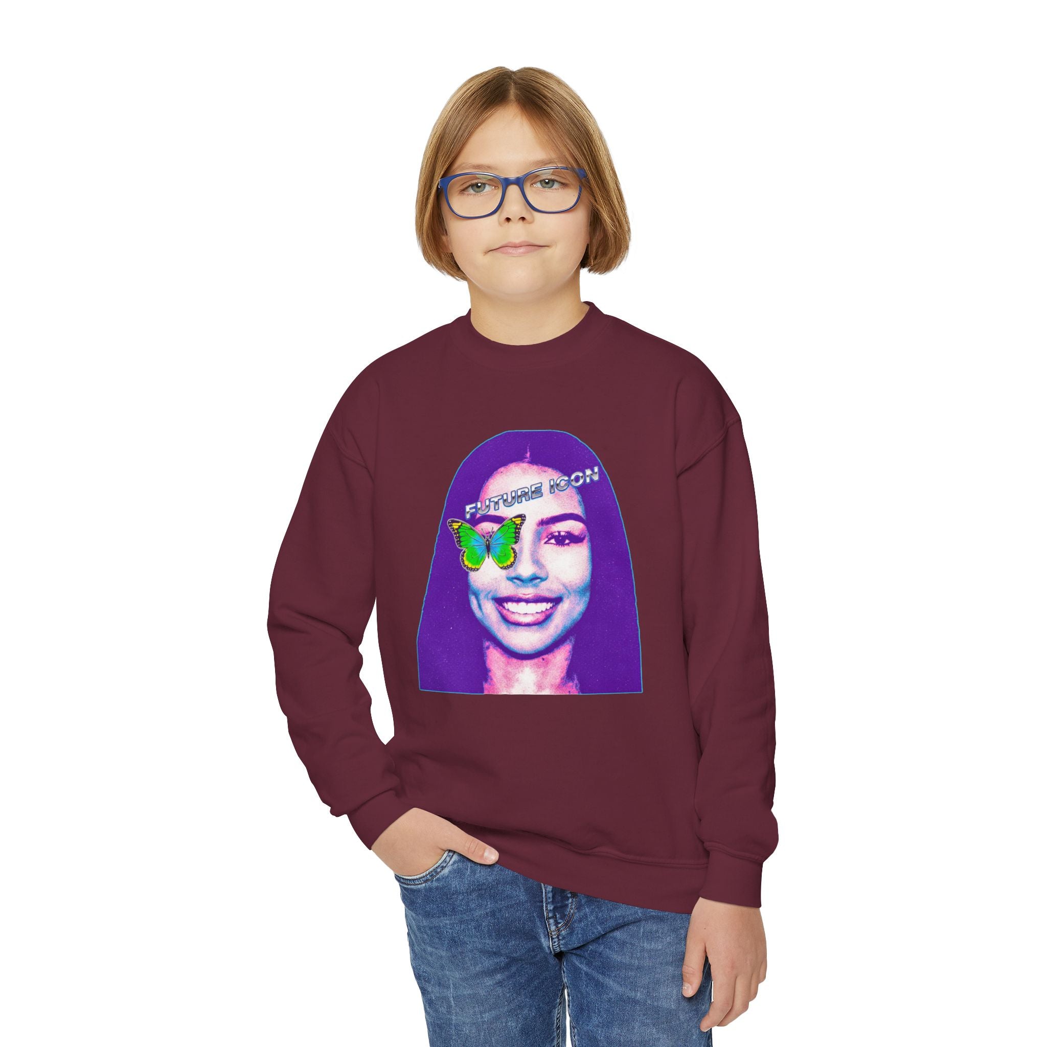 Youth Crewneck Sweatshirt — Retro Portrait Graphic with Butterfly Accent - Pixie Sleeze
