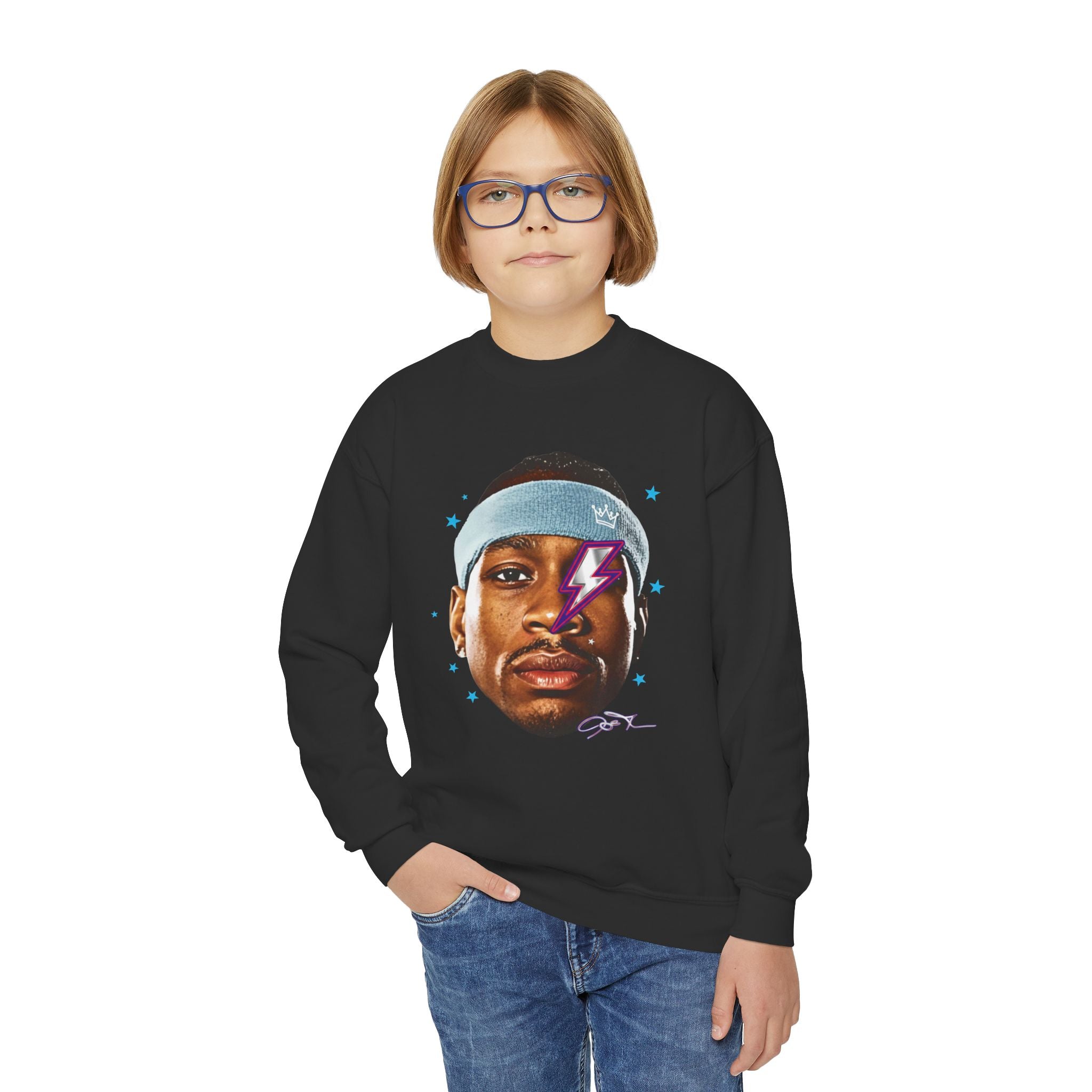 Youth Sweatshirt — Retro Lightning Face Graphic Crewneck - Pixie Sleeze