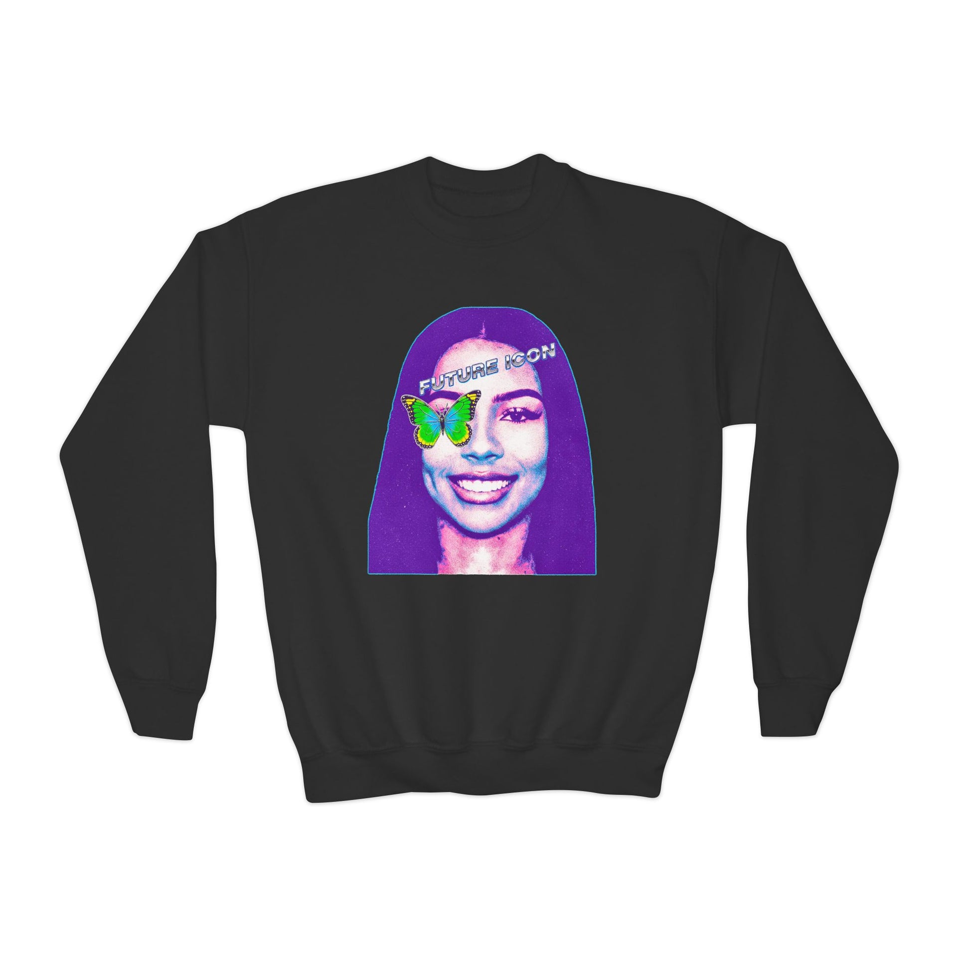 Youth Crewneck Sweatshirt — Retro Portrait Graphic with Butterfly Accent - Pixie Sleeze