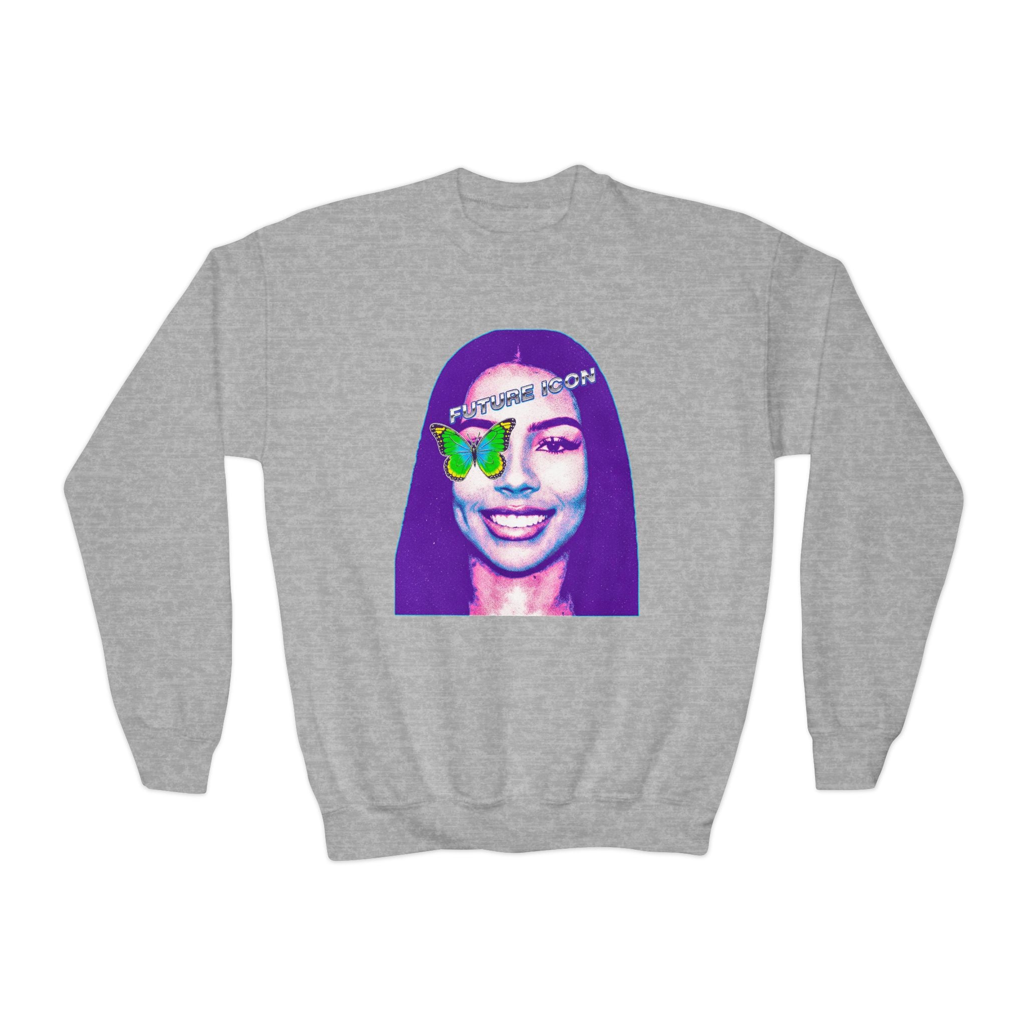 Youth Crewneck Sweatshirt — Retro Portrait Graphic with Butterfly Accent - Pixie Sleeze