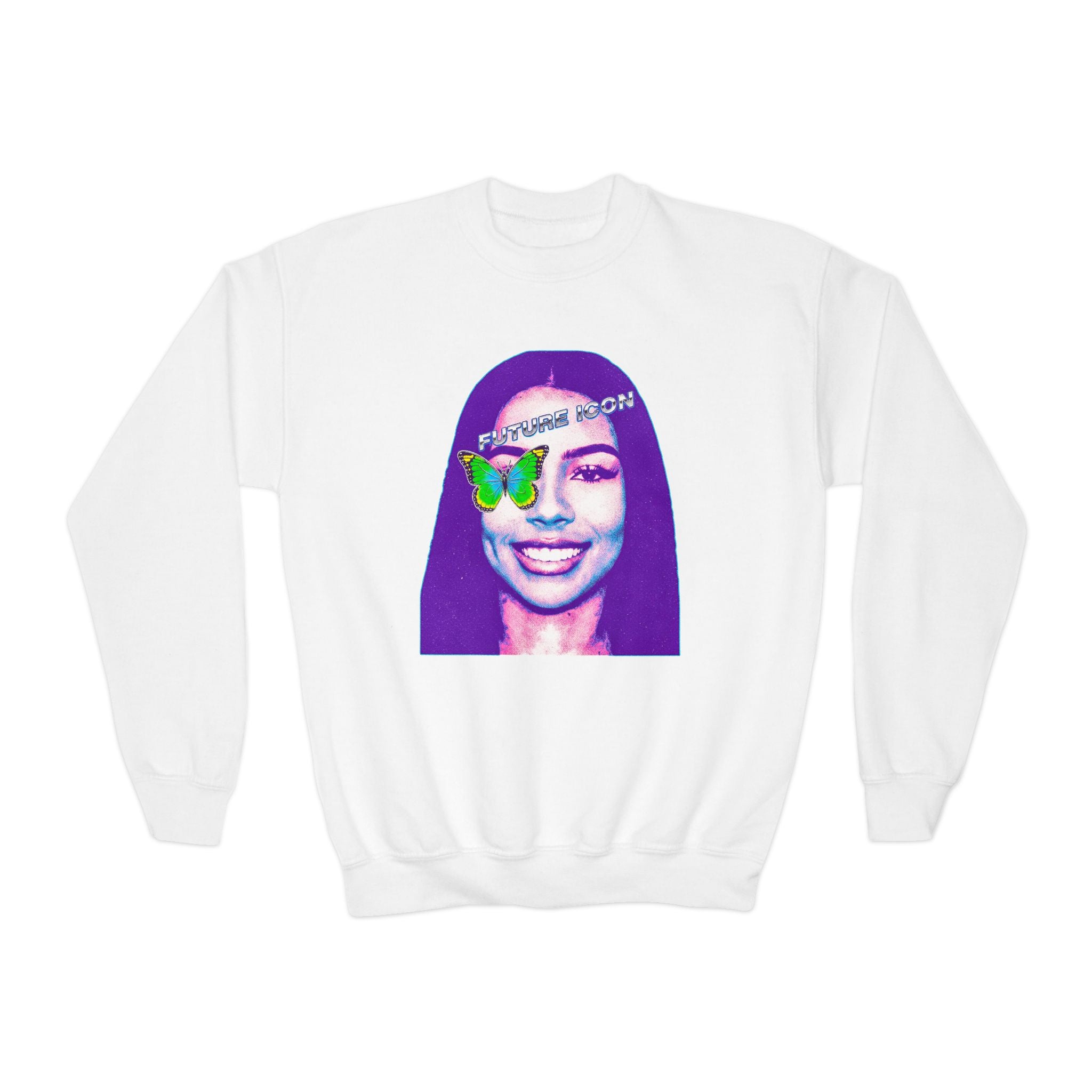 Youth Crewneck Sweatshirt — Retro Portrait Graphic with Butterfly Accent - Pixie Sleeze