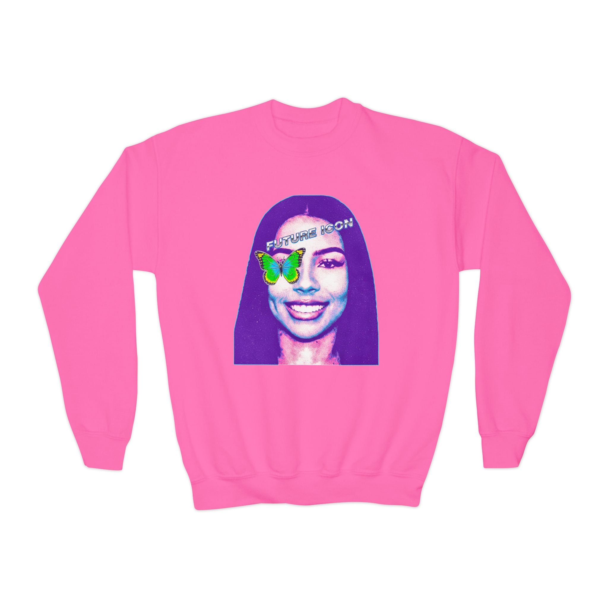 Youth Crewneck Sweatshirt — Retro Portrait Graphic with Butterfly Accent - Pixie Sleeze