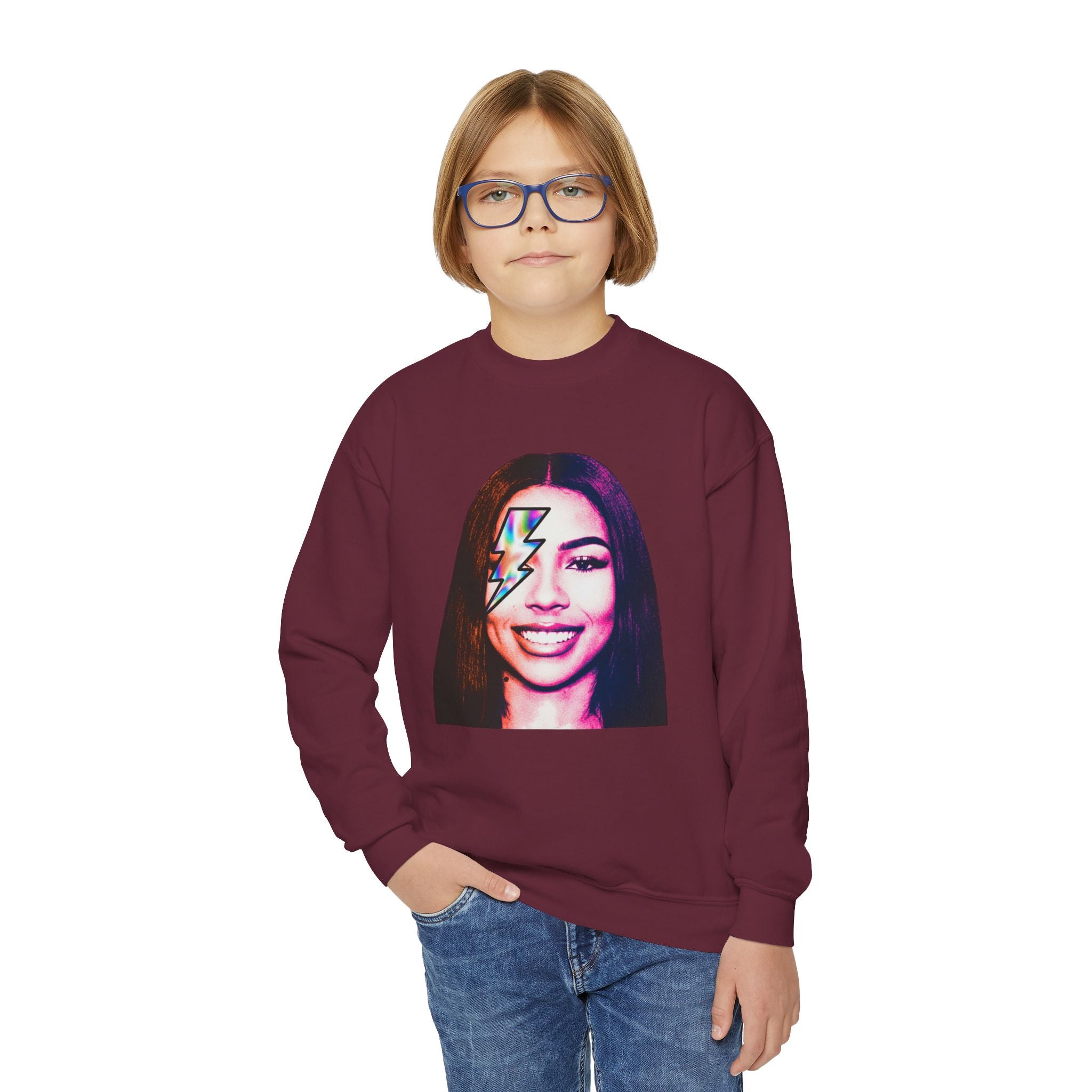 Retro Lightning Face Youth Crewneck Sweatshirt - Pixie Sleeze