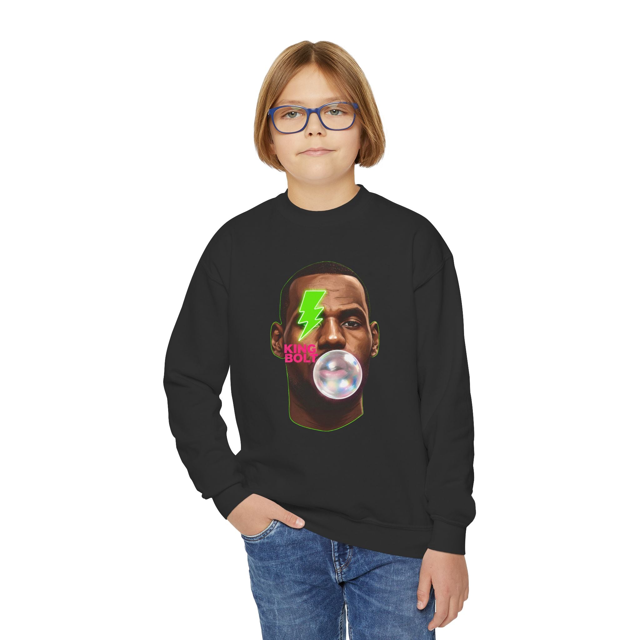 Graphic Crewneck Sweatshirt — Neon Lightning Bubble Gum Face Design - Pixie Sleeze