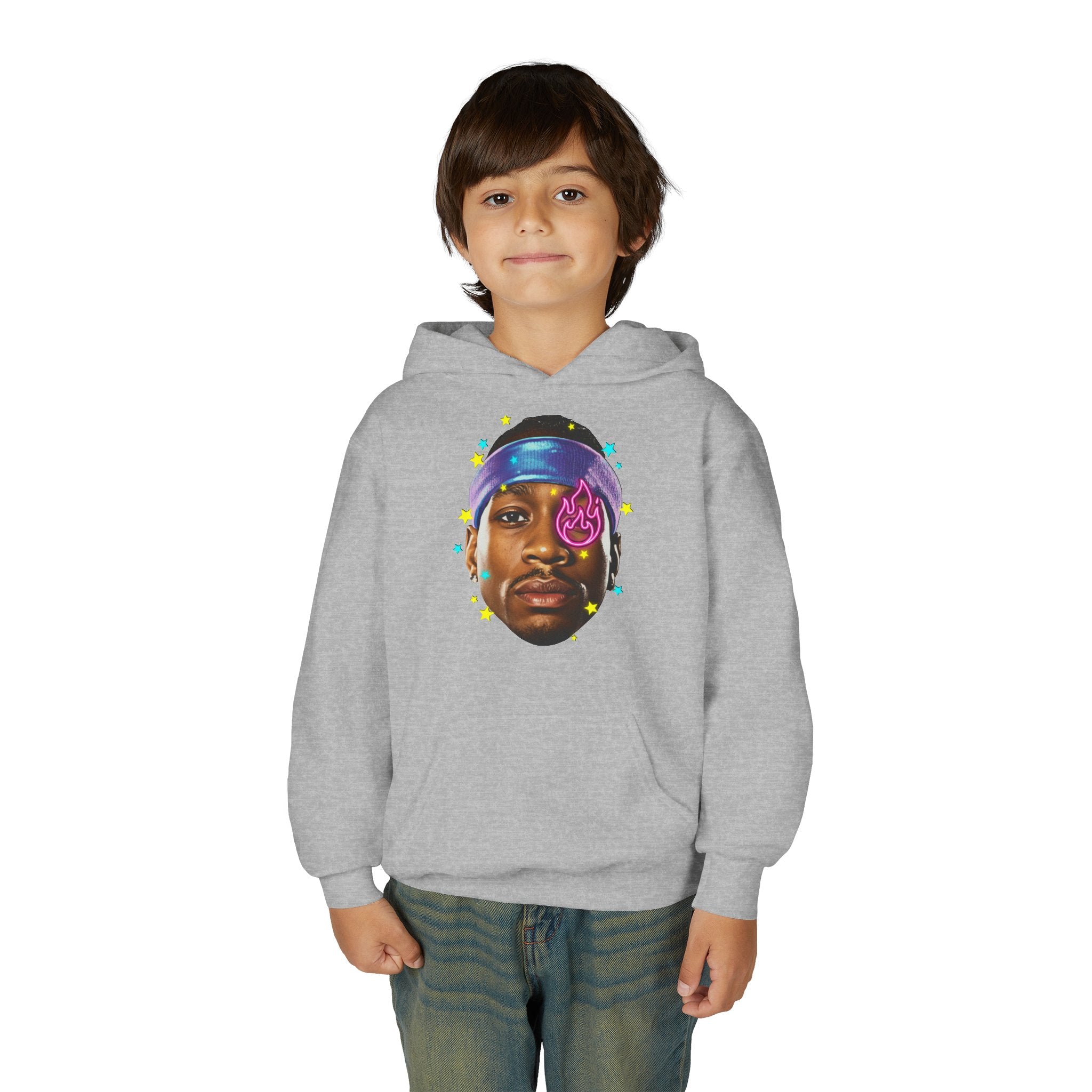 Youth Hoodie — Colorful Portrait Face Graphic with Neon Flame Accent - Pixie Sleeze
