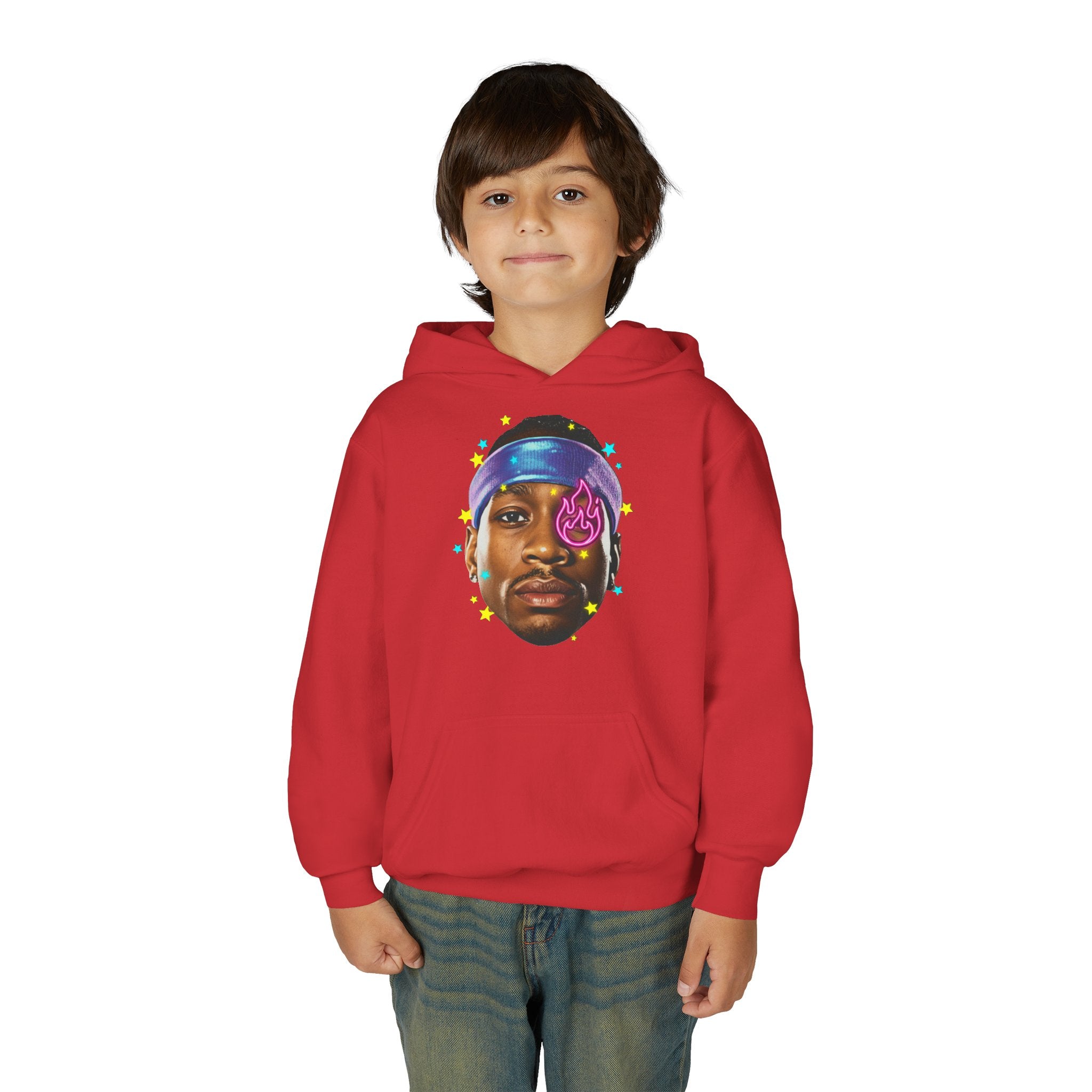 Youth Hoodie — Colorful Portrait Face Graphic with Neon Flame Accent - Pixie Sleeze