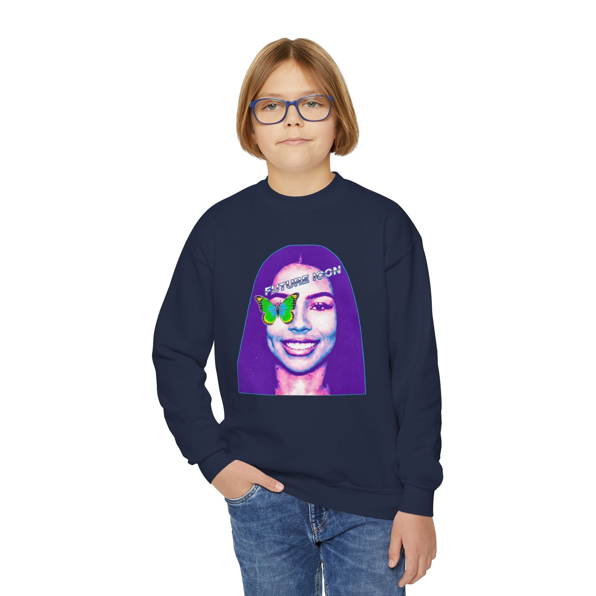 Youth Crewneck Sweatshirt — Retro Portrait Graphic with Butterfly Accent - Pixie Sleeze