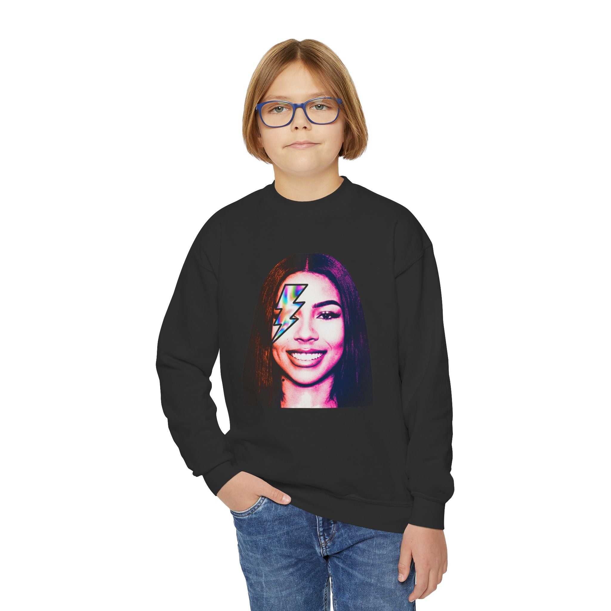 Retro Lightning Face Youth Crewneck Sweatshirt - Pixie Sleeze