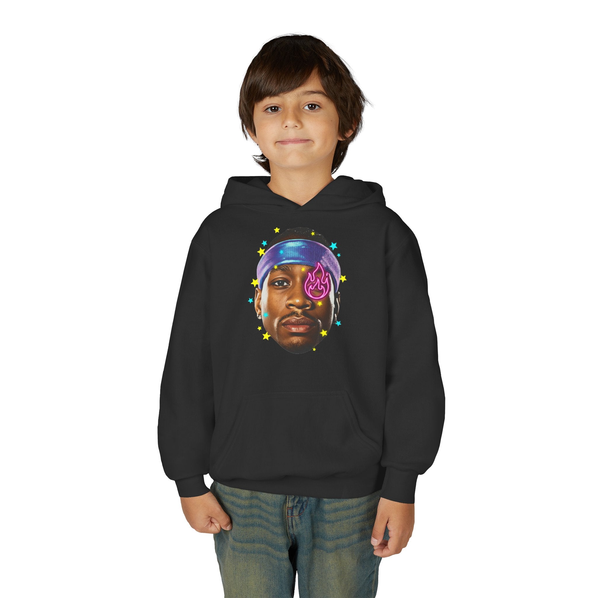 Youth Hoodie — Colorful Portrait Face Graphic with Neon Flame Accent - Pixie Sleeze