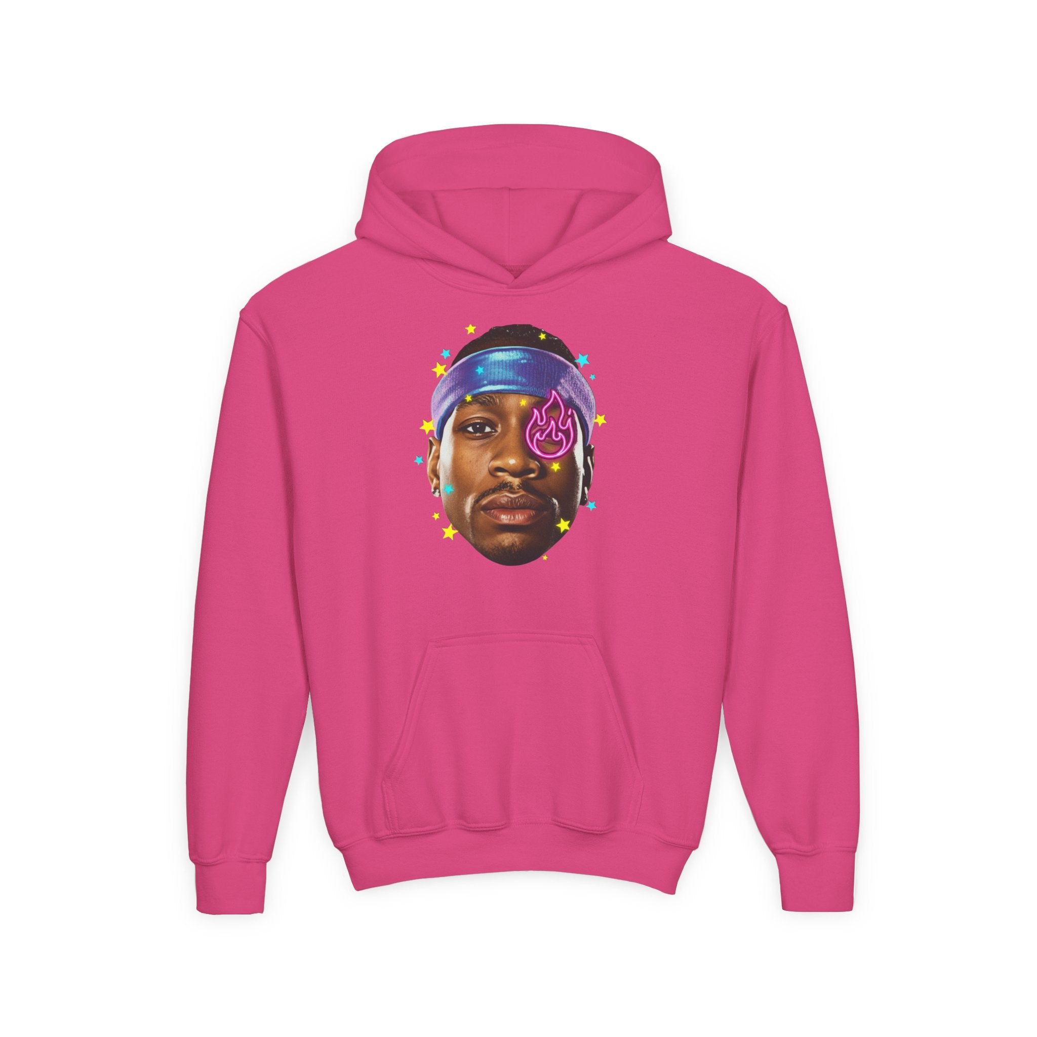 Youth Hoodie — Colorful Portrait Face Graphic with Neon Flame Accent - Pixie Sleeze