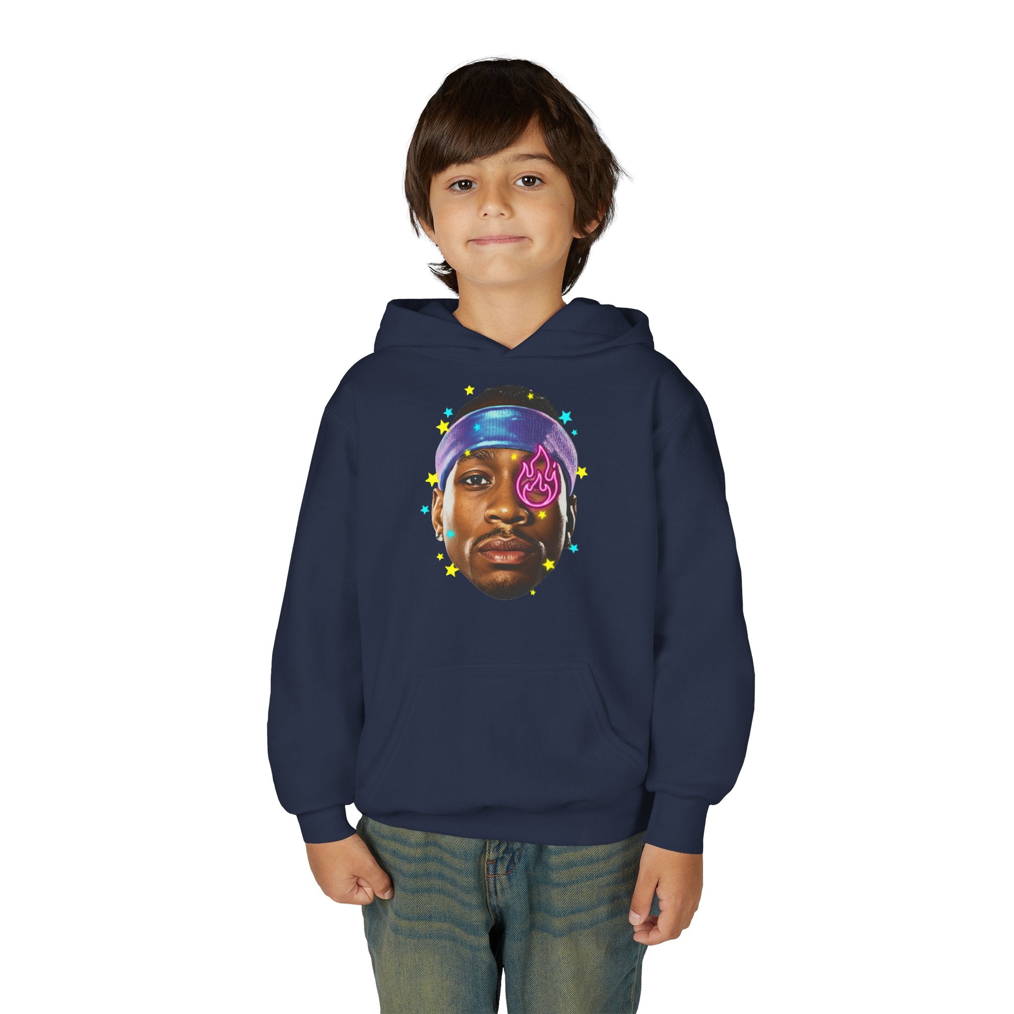 Youth Hoodie — Colorful Portrait Face Graphic with Neon Flame Accent - Pixie Sleeze