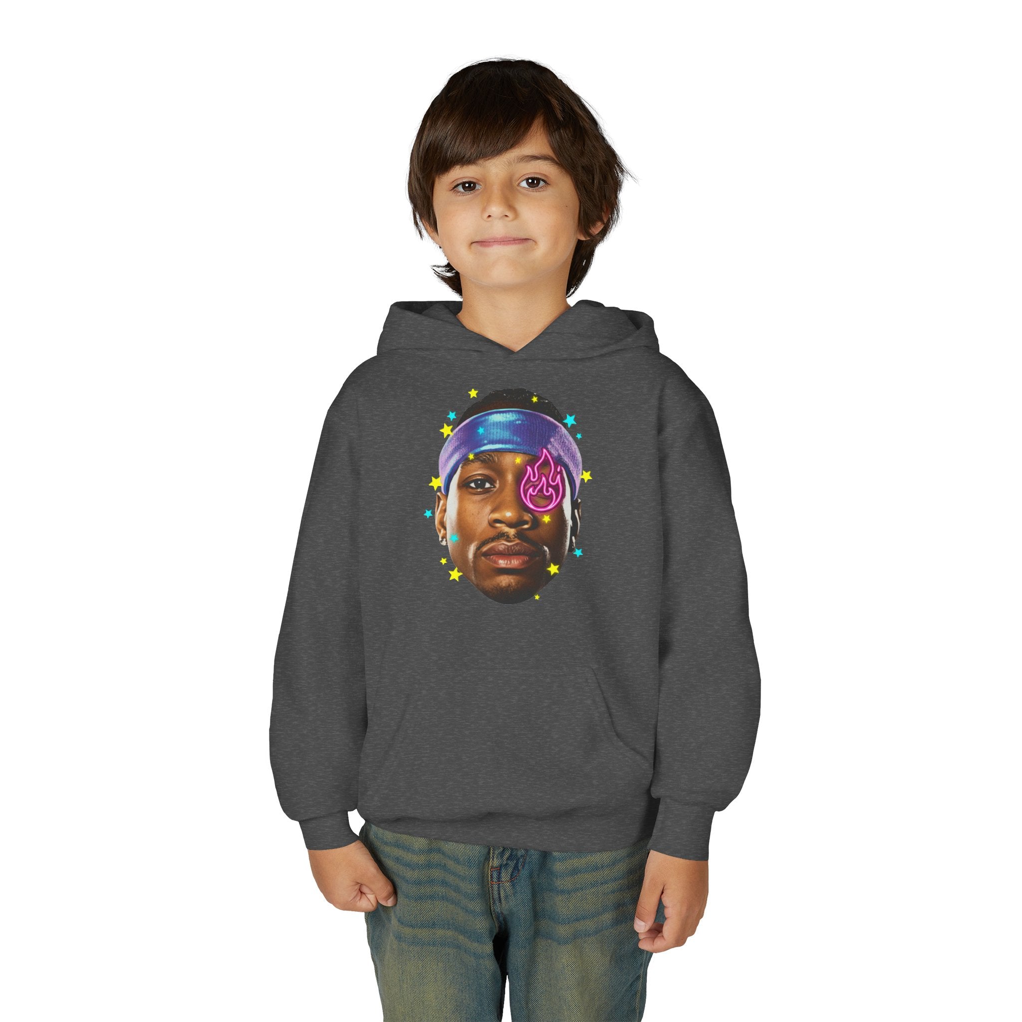 Youth Hoodie — Colorful Portrait Face Graphic with Neon Flame Accent - Pixie Sleeze