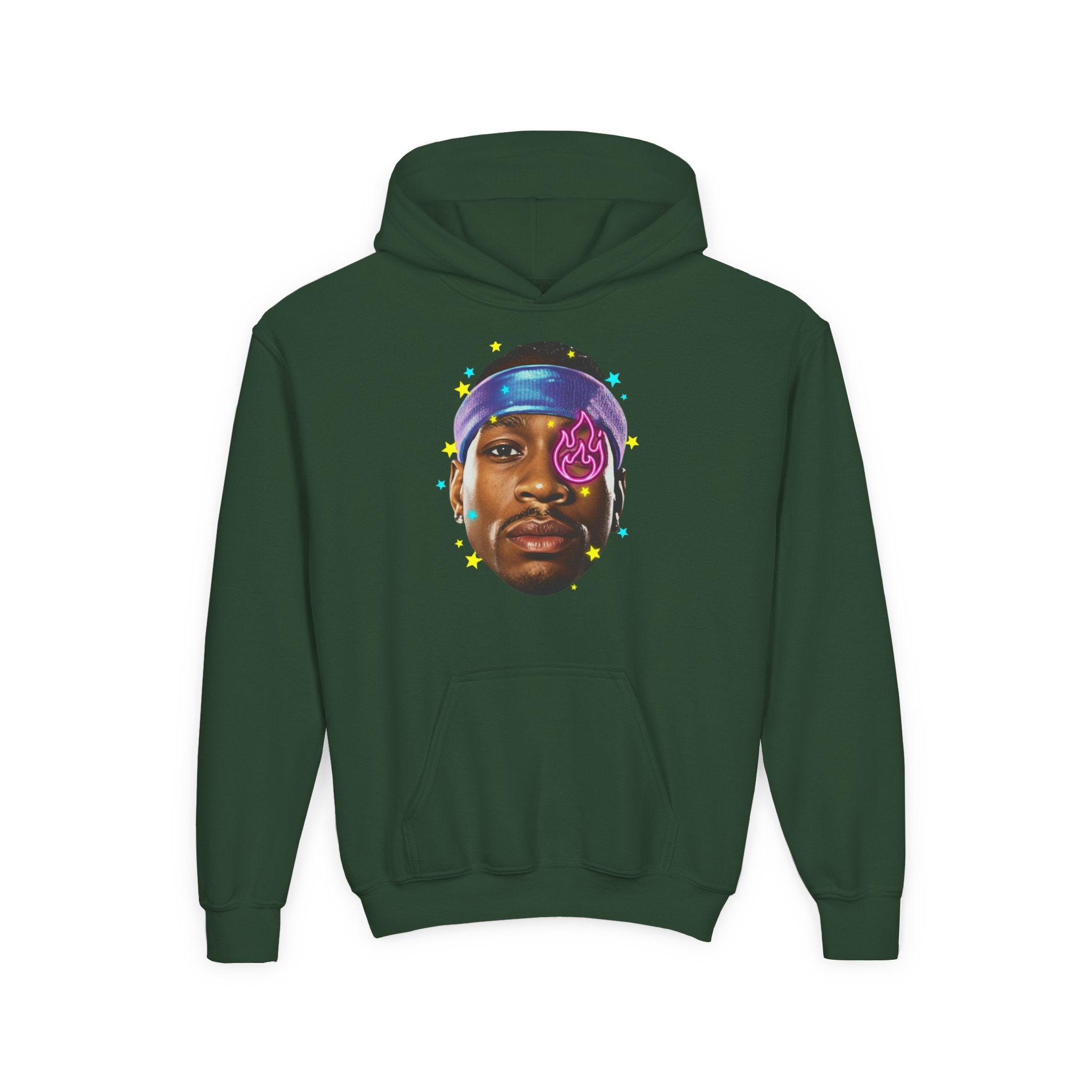 Youth Hoodie — Colorful Portrait Face Graphic with Neon Flame Accent - Pixie Sleeze