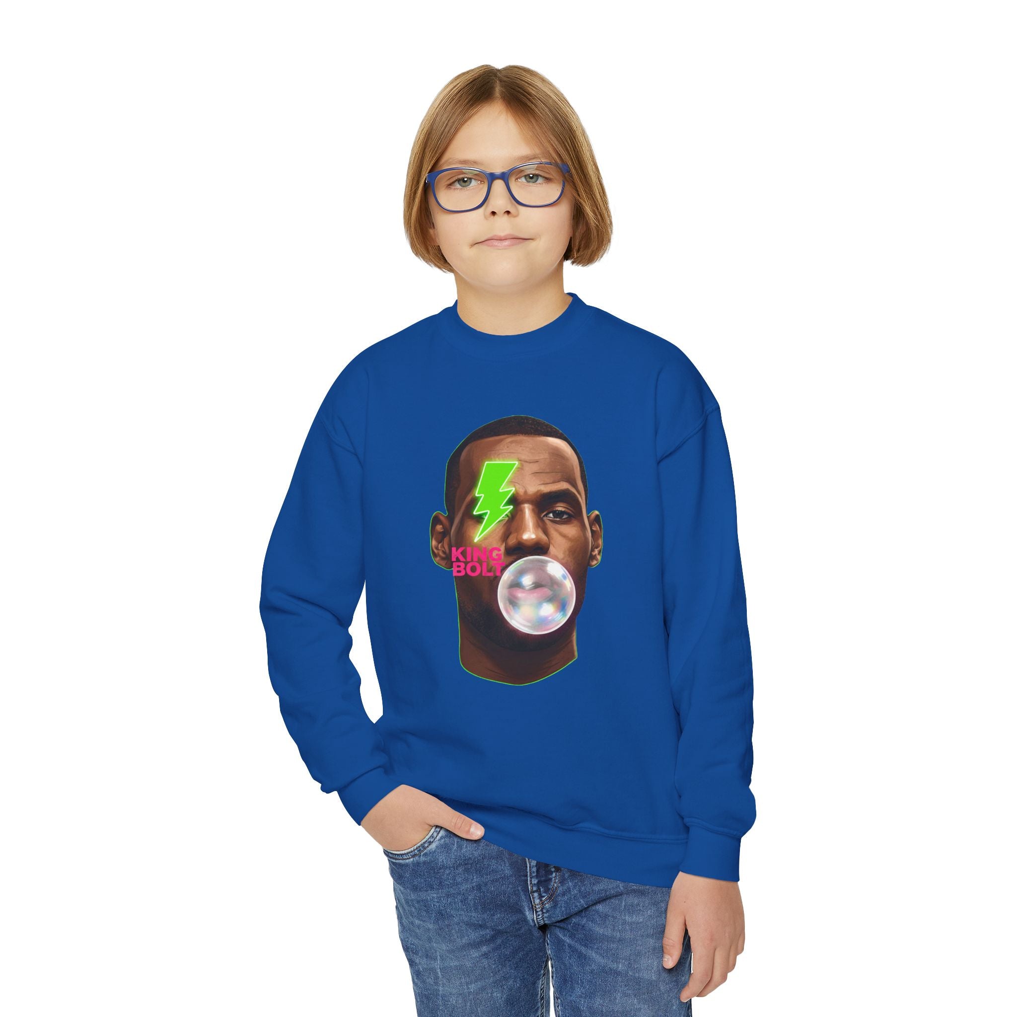 Graphic Crewneck Sweatshirt — Neon Lightning Bubble Gum Face Design - Pixie Sleeze