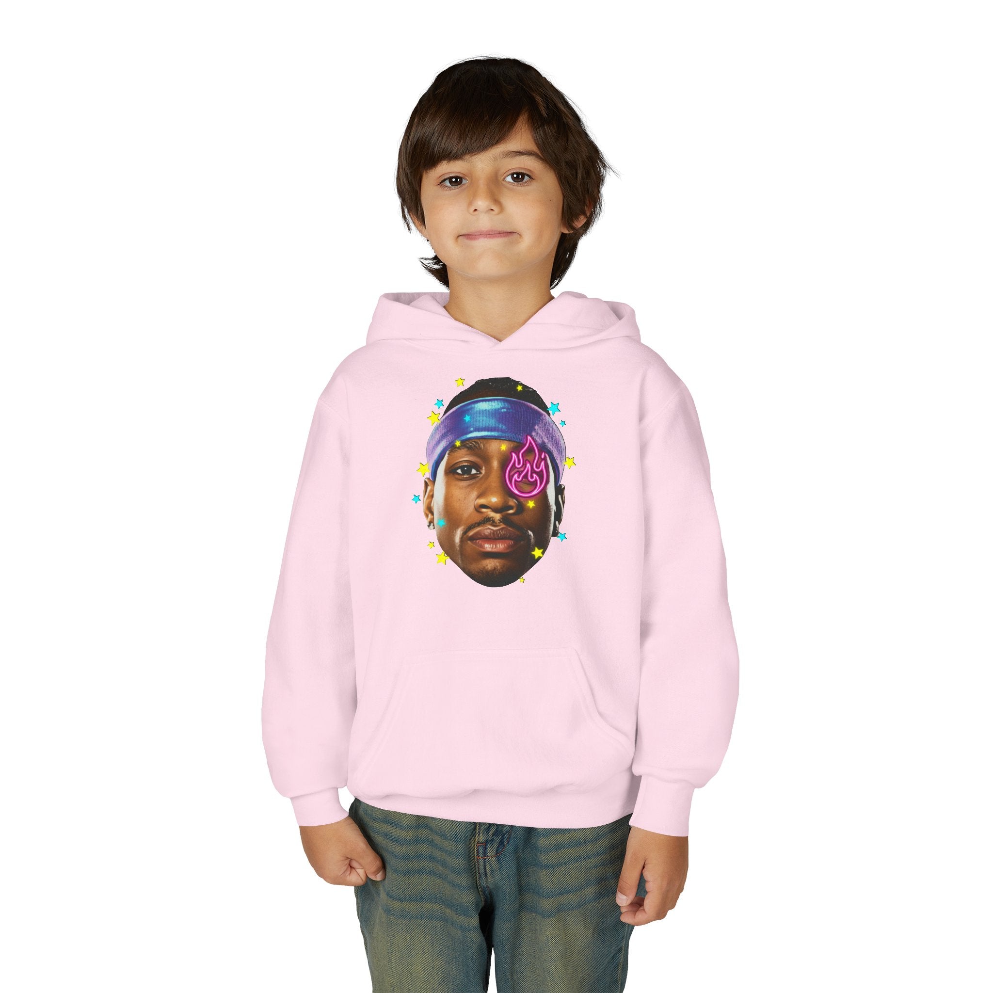 Youth Hoodie — Colorful Portrait Face Graphic with Neon Flame Accent - Pixie Sleeze