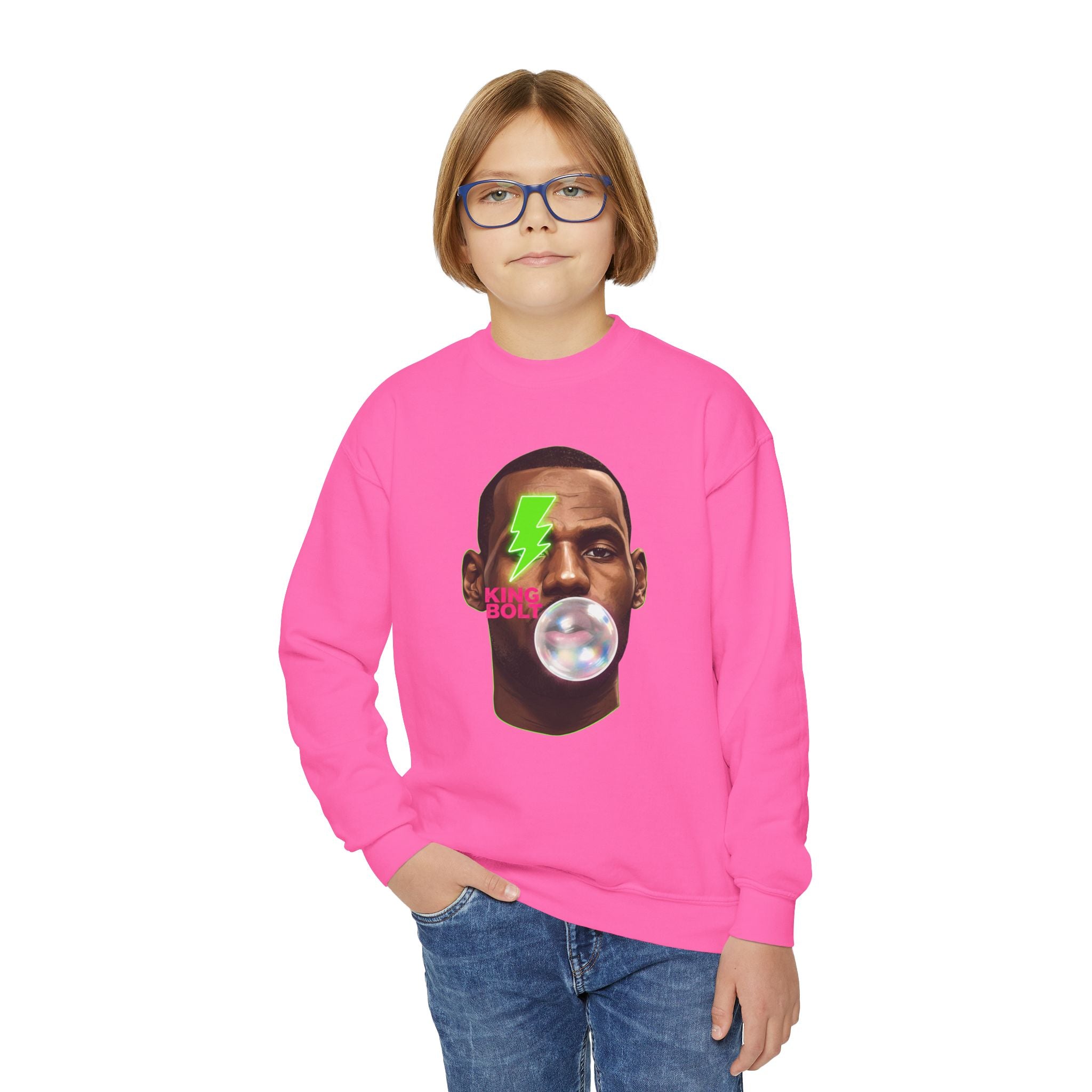 Graphic Crewneck Sweatshirt — Neon Lightning Bubble Gum Face Design - Pixie Sleeze