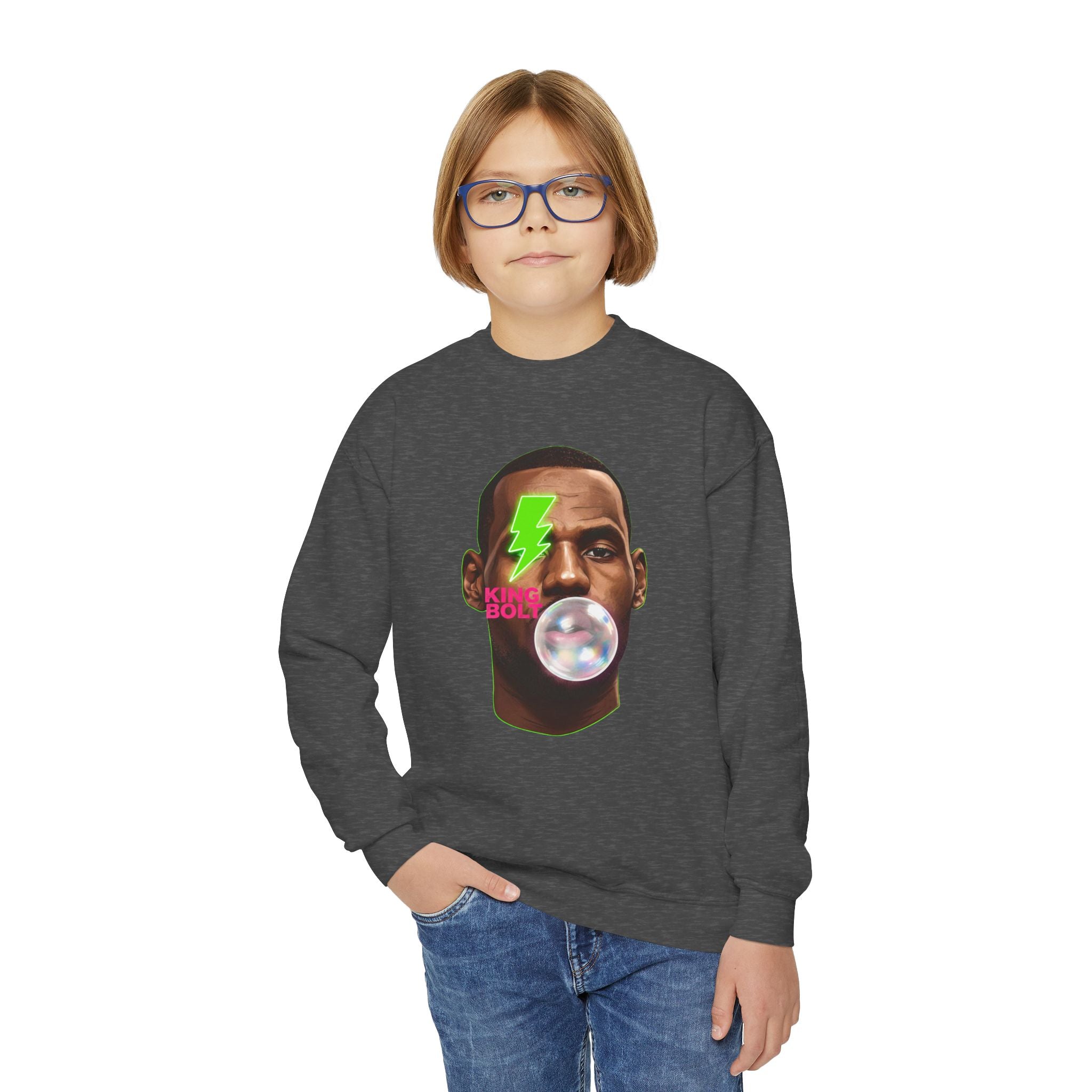 Graphic Crewneck Sweatshirt — Neon Lightning Bubble Gum Face Design - Pixie Sleeze