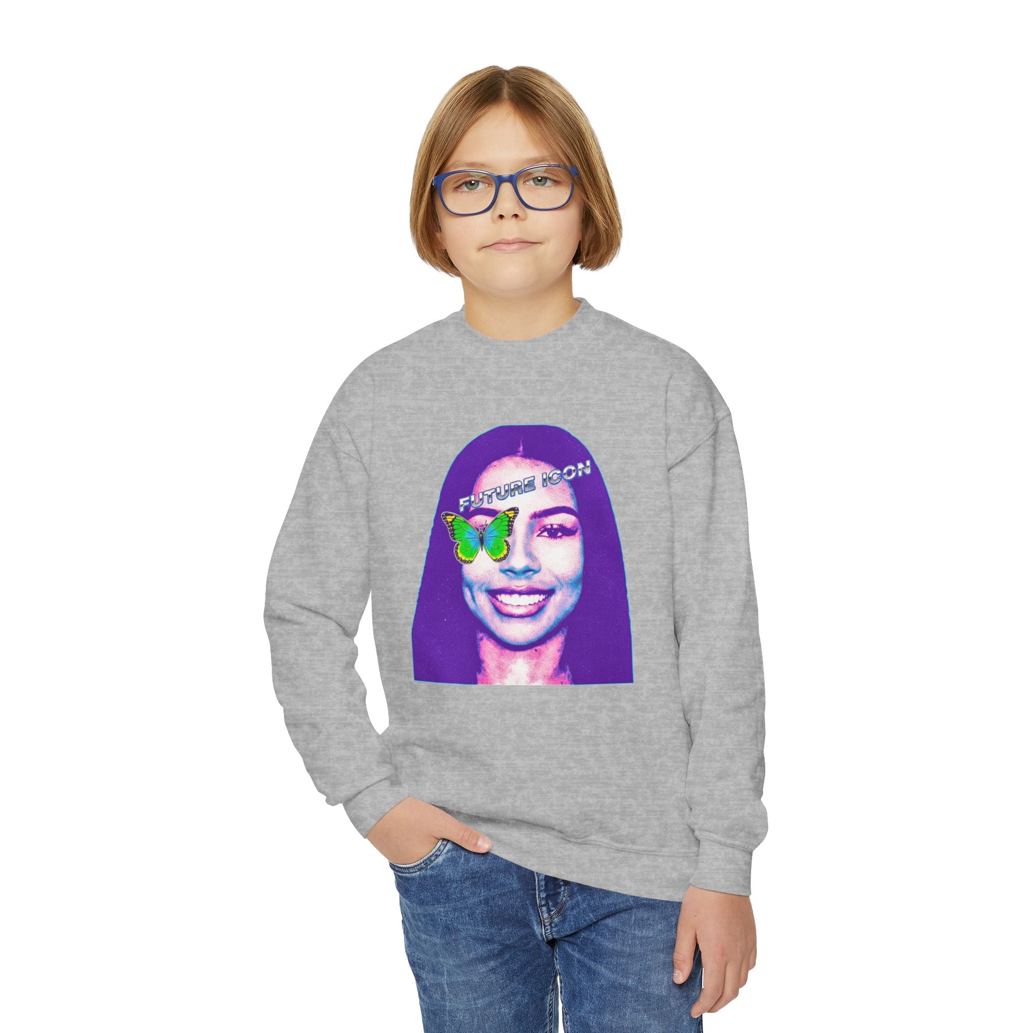 Youth Crewneck Sweatshirt — Retro Portrait Graphic with Butterfly Accent - Pixie Sleeze