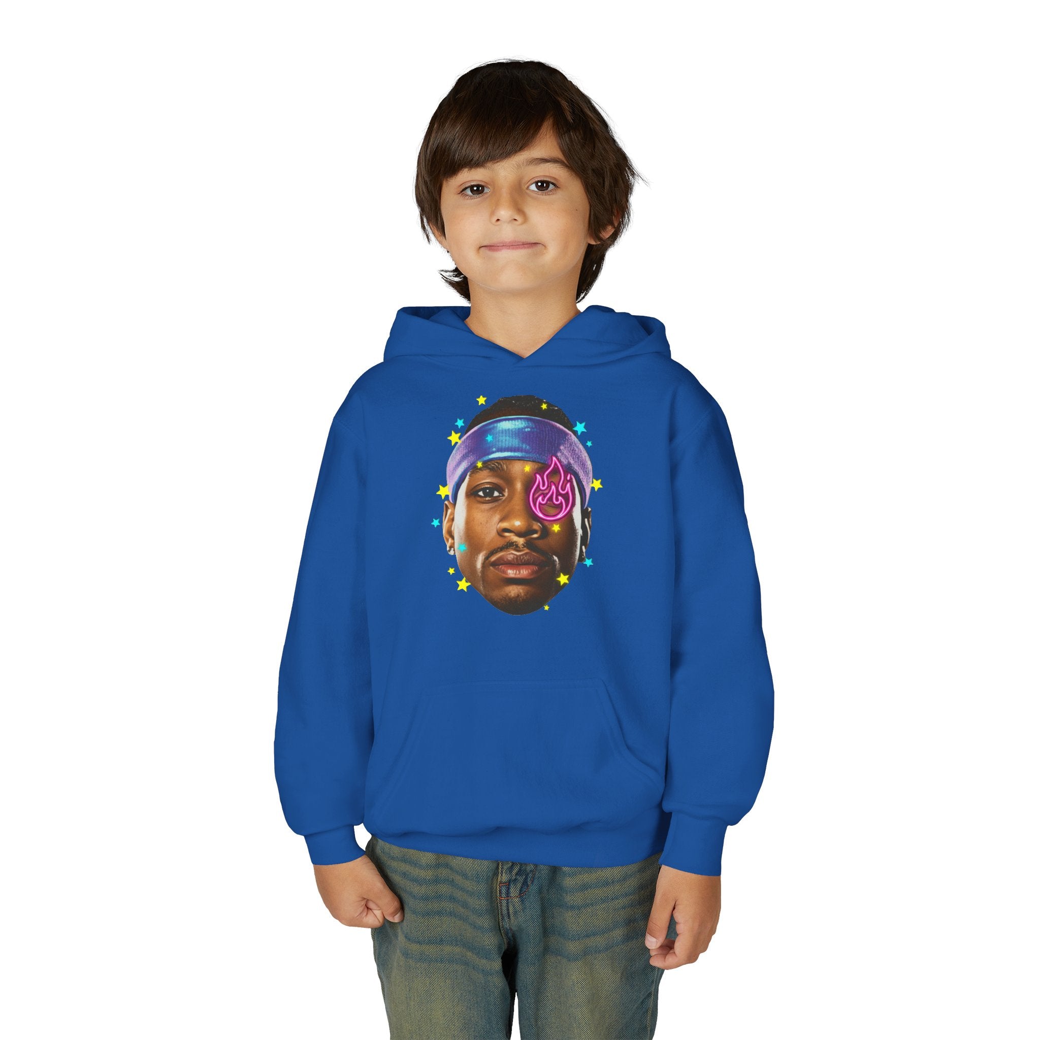 Youth Hoodie — Colorful Portrait Face Graphic with Neon Flame Accent - Pixie Sleeze