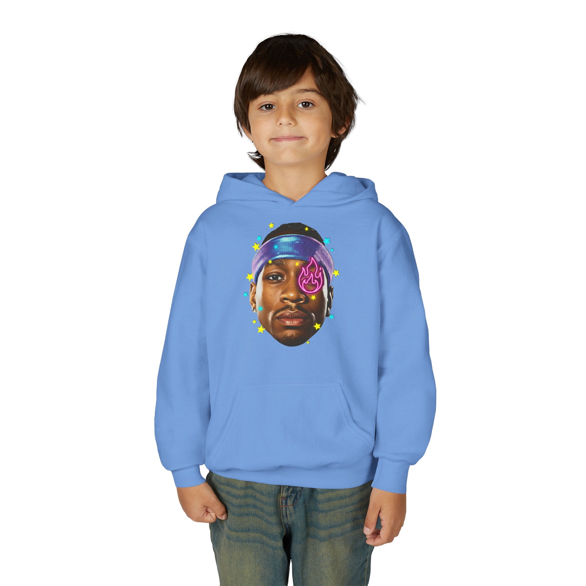 Youth Hoodie — Colorful Portrait Face Graphic with Neon Flame Accent - Pixie Sleeze