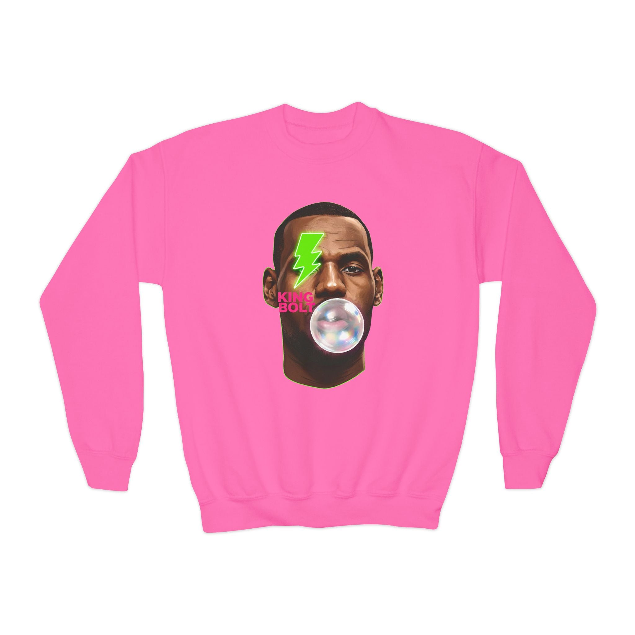 Graphic Crewneck Sweatshirt — Neon Lightning Bubble Gum Face Design - Pixie Sleeze