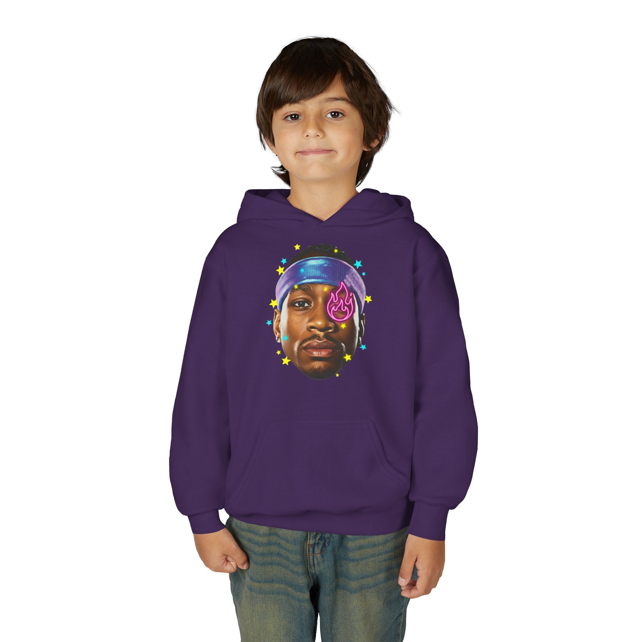 Youth Hoodie — Colorful Portrait Face Graphic with Neon Flame Accent - Pixie Sleeze