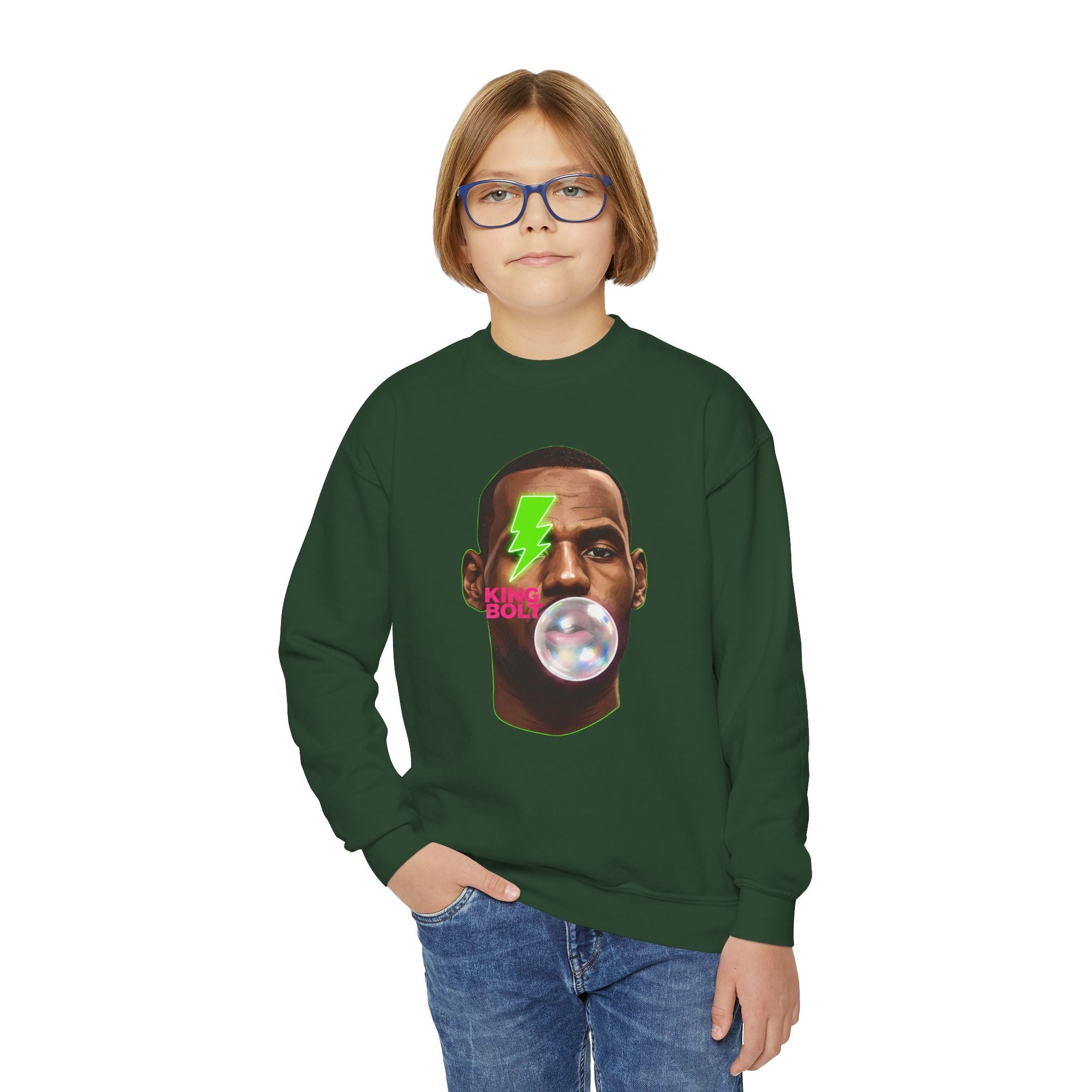 Graphic Crewneck Sweatshirt — Neon Lightning Bubble Gum Face Design - Pixie Sleeze