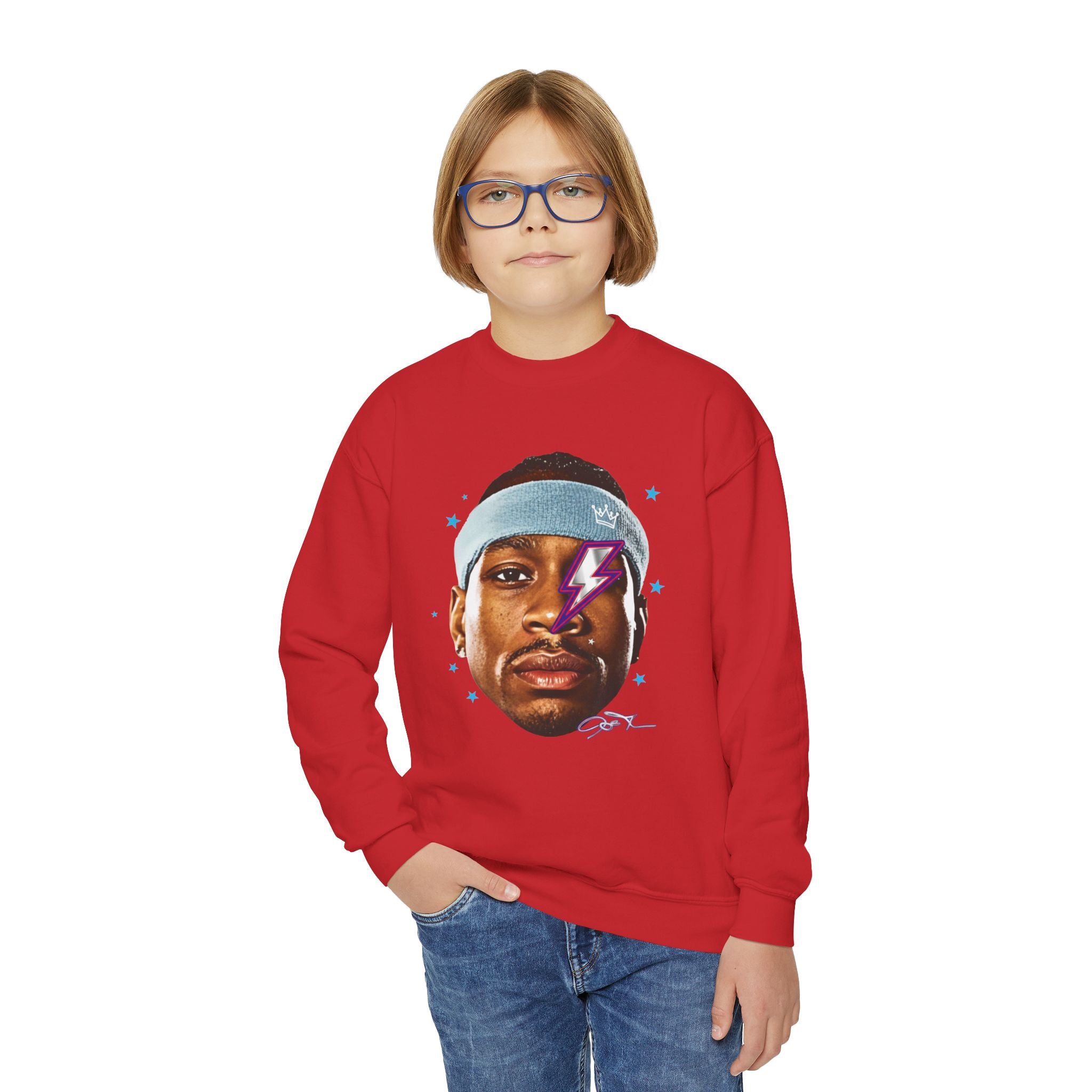 Youth Sweatshirt — Retro Lightning Face Graphic Crewneck - Pixie Sleeze