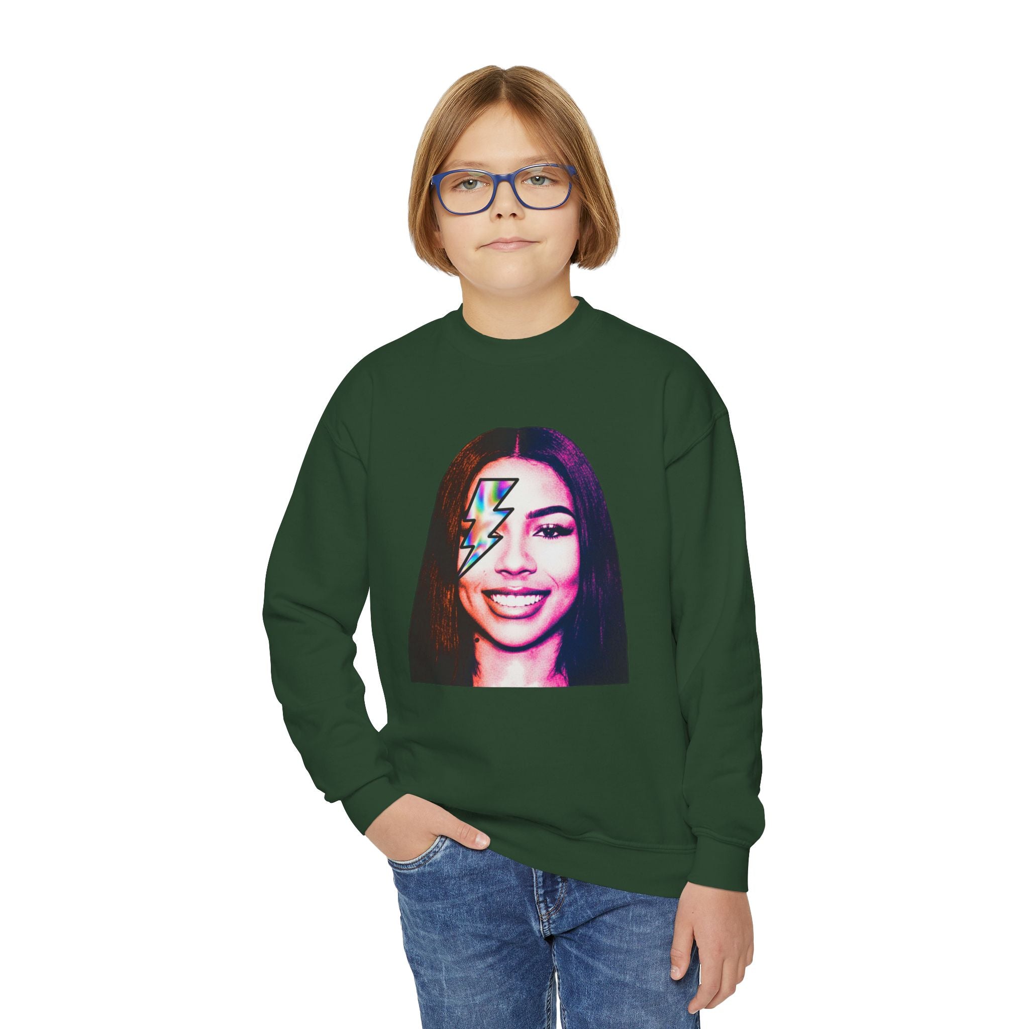 Retro Lightning Face Youth Crewneck Sweatshirt - Pixie Sleeze