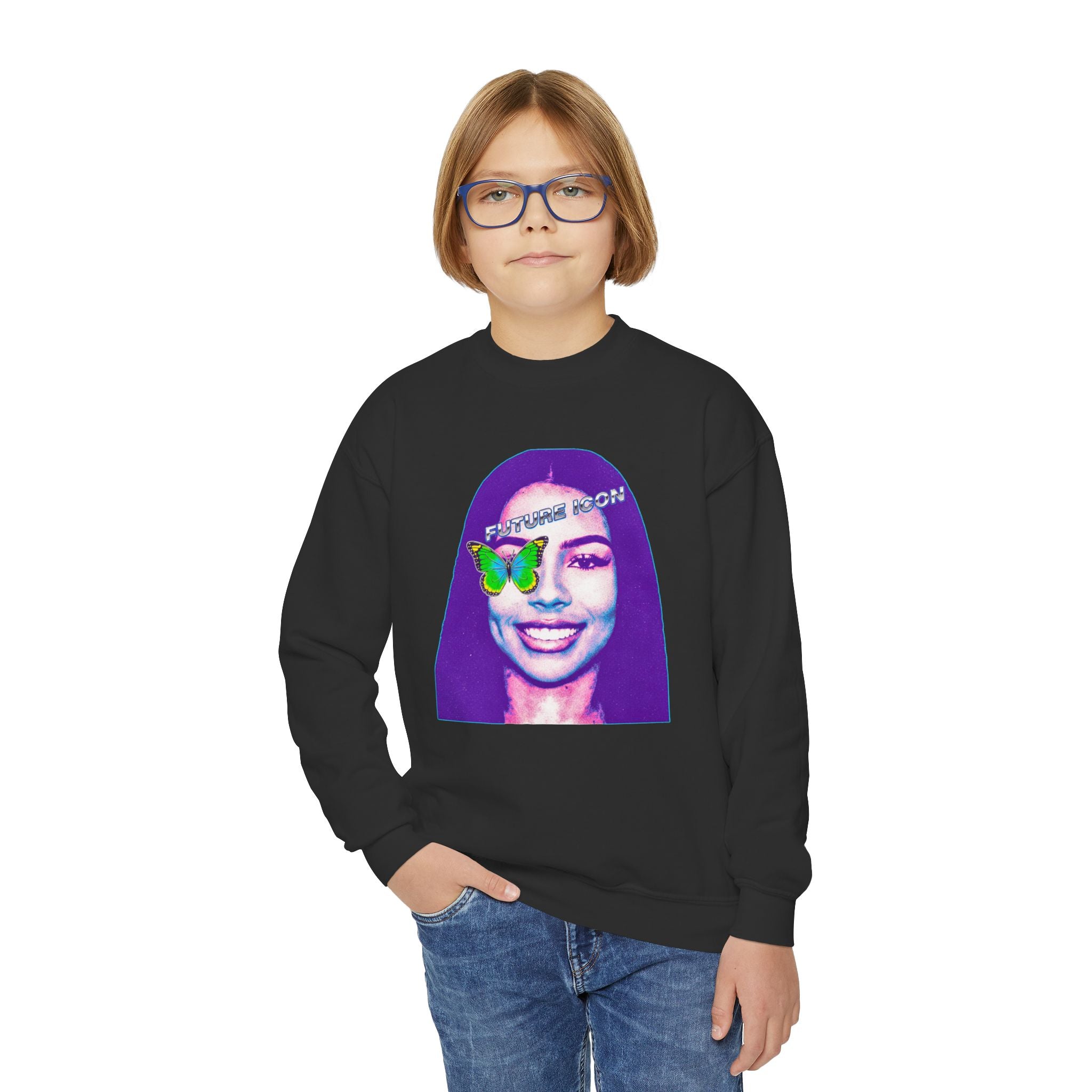 Youth Crewneck Sweatshirt — Retro Portrait Graphic with Butterfly Accent - Pixie Sleeze