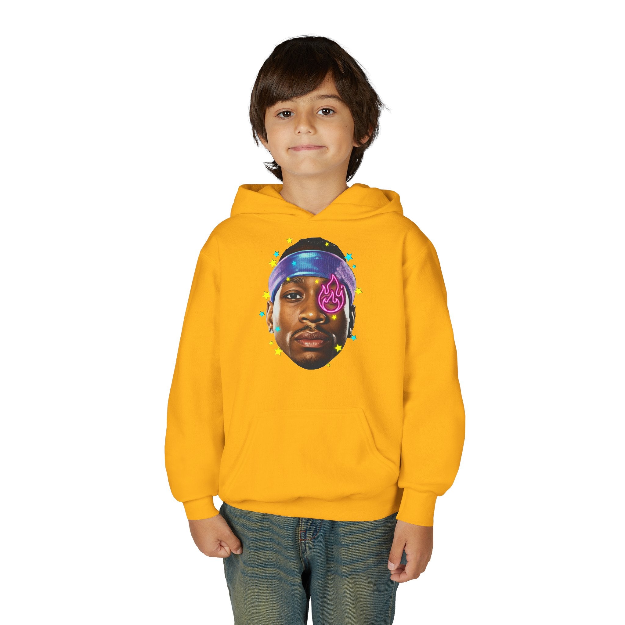 Youth Hoodie — Colorful Portrait Face Graphic with Neon Flame Accent - Pixie Sleeze