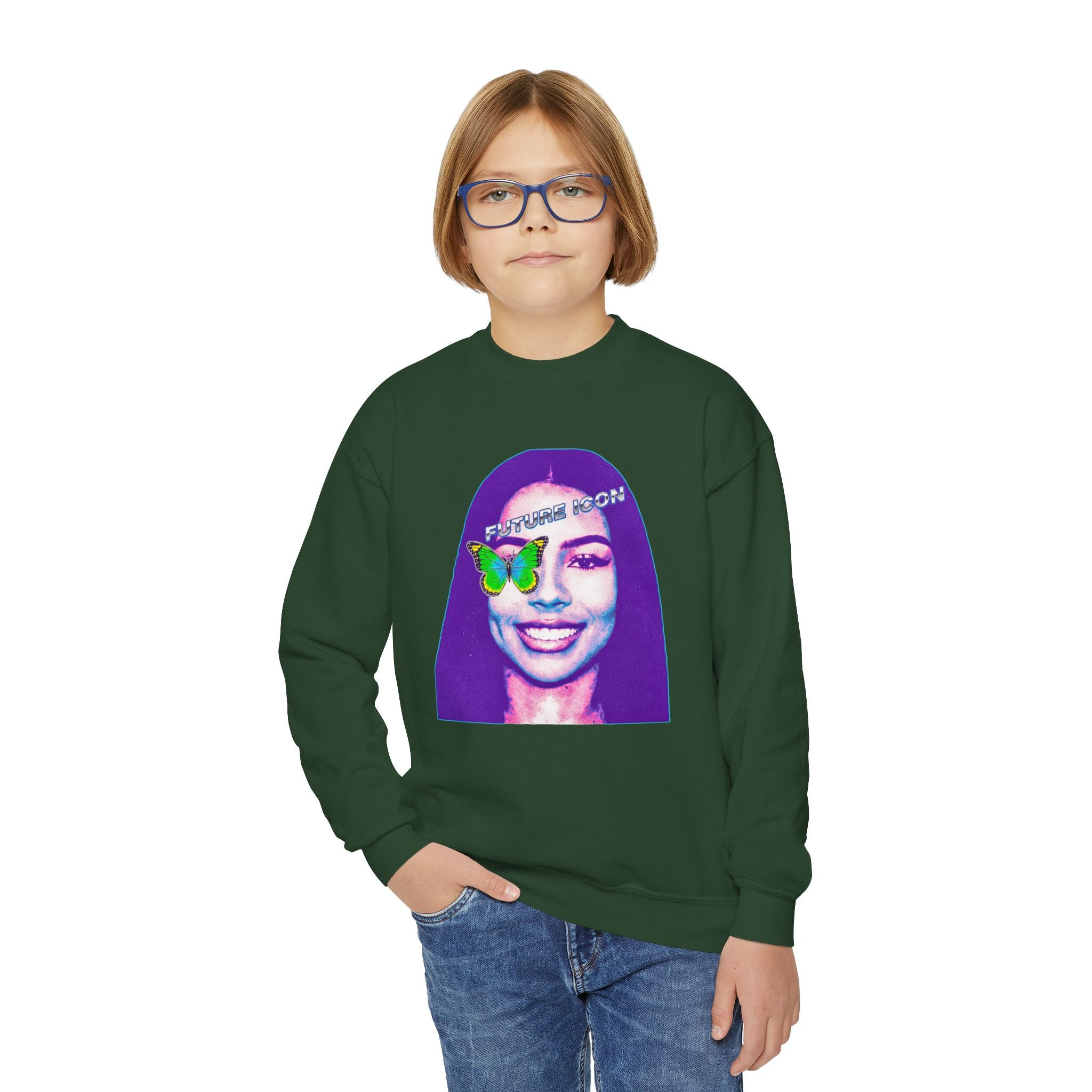 Youth Crewneck Sweatshirt — Retro Portrait Graphic with Butterfly Accent - Pixie Sleeze
