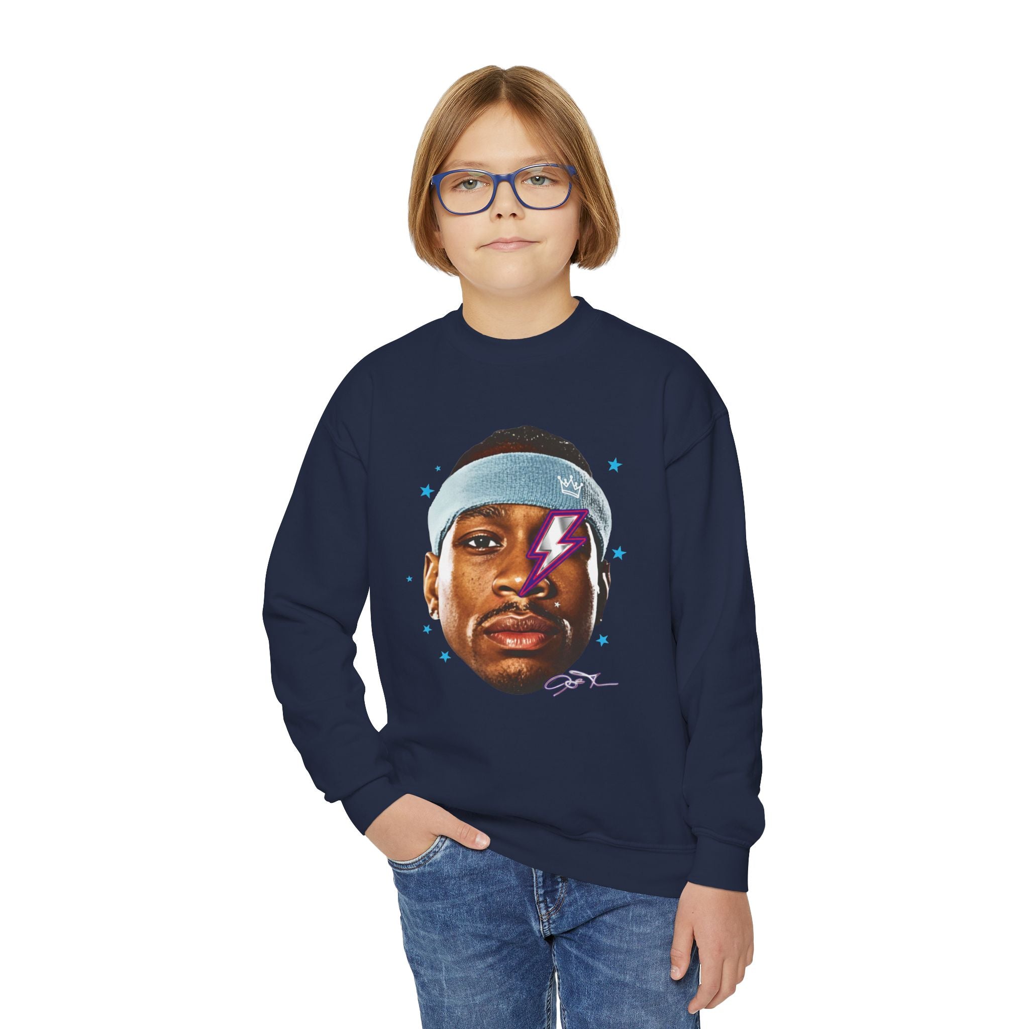 Youth Sweatshirt — Retro Lightning Face Graphic Crewneck - Pixie Sleeze