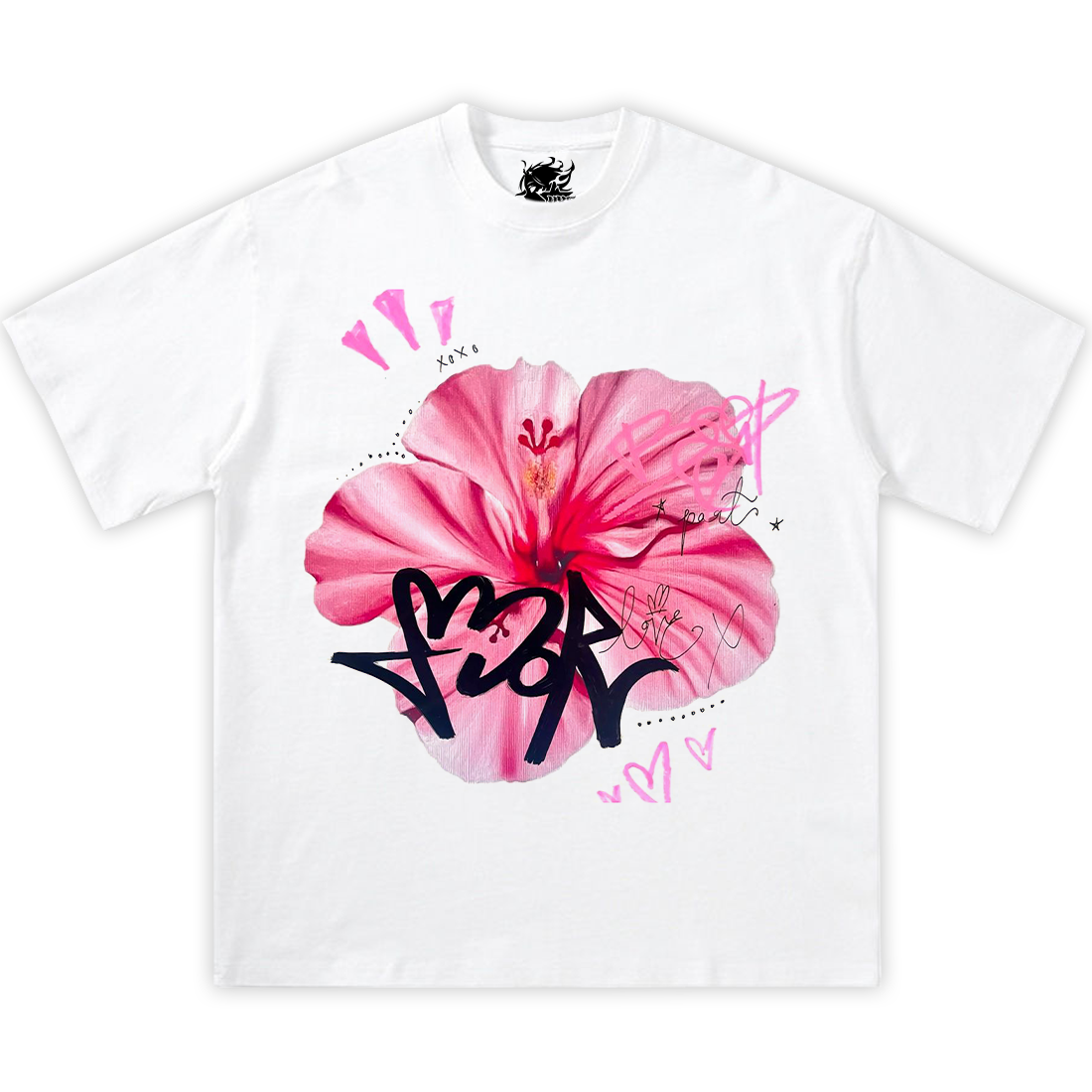 GRAFFITI HIBISCUS Flower Boxy Vintage Shirt Graphic Tee Streetwear Y2K