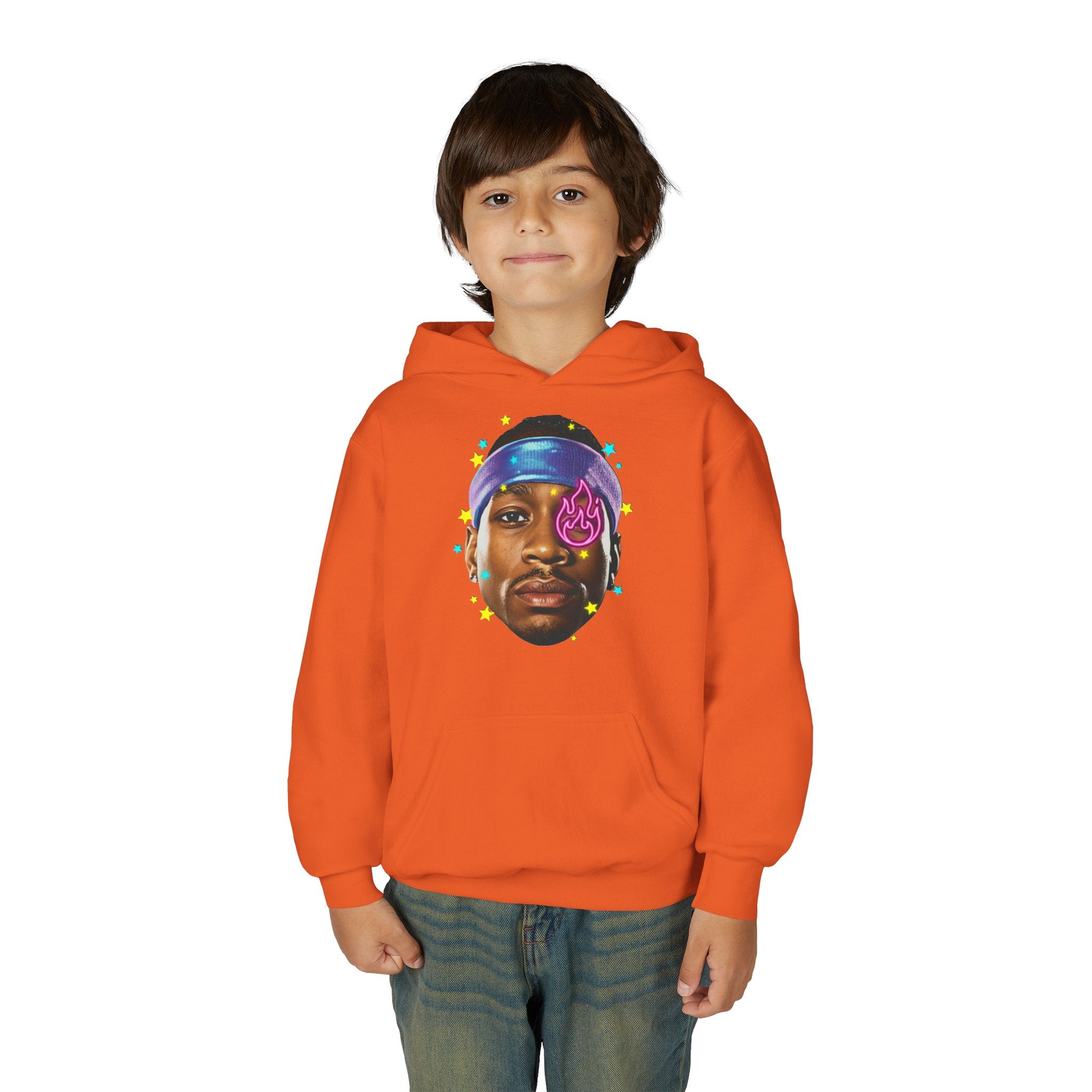 Youth Hoodie — Colorful Portrait Face Graphic with Neon Flame Accent - Pixie Sleeze