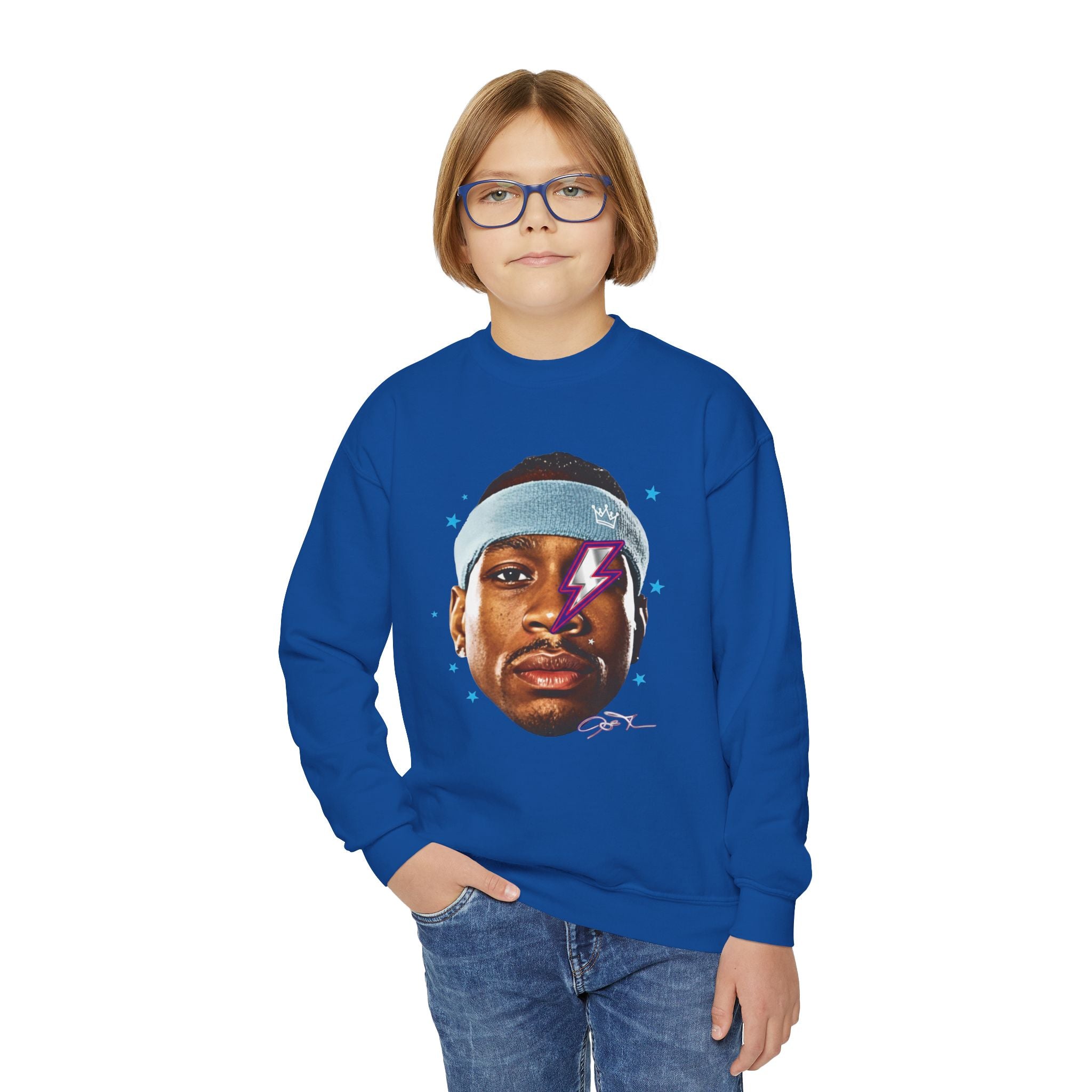 Youth Sweatshirt — Retro Lightning Face Graphic Crewneck - Pixie Sleeze