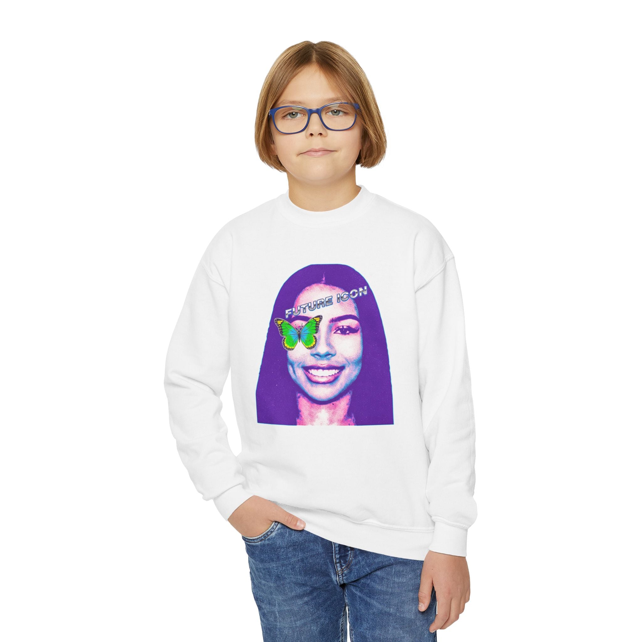 Youth Crewneck Sweatshirt — Retro Portrait Graphic with Butterfly Accent - Pixie Sleeze