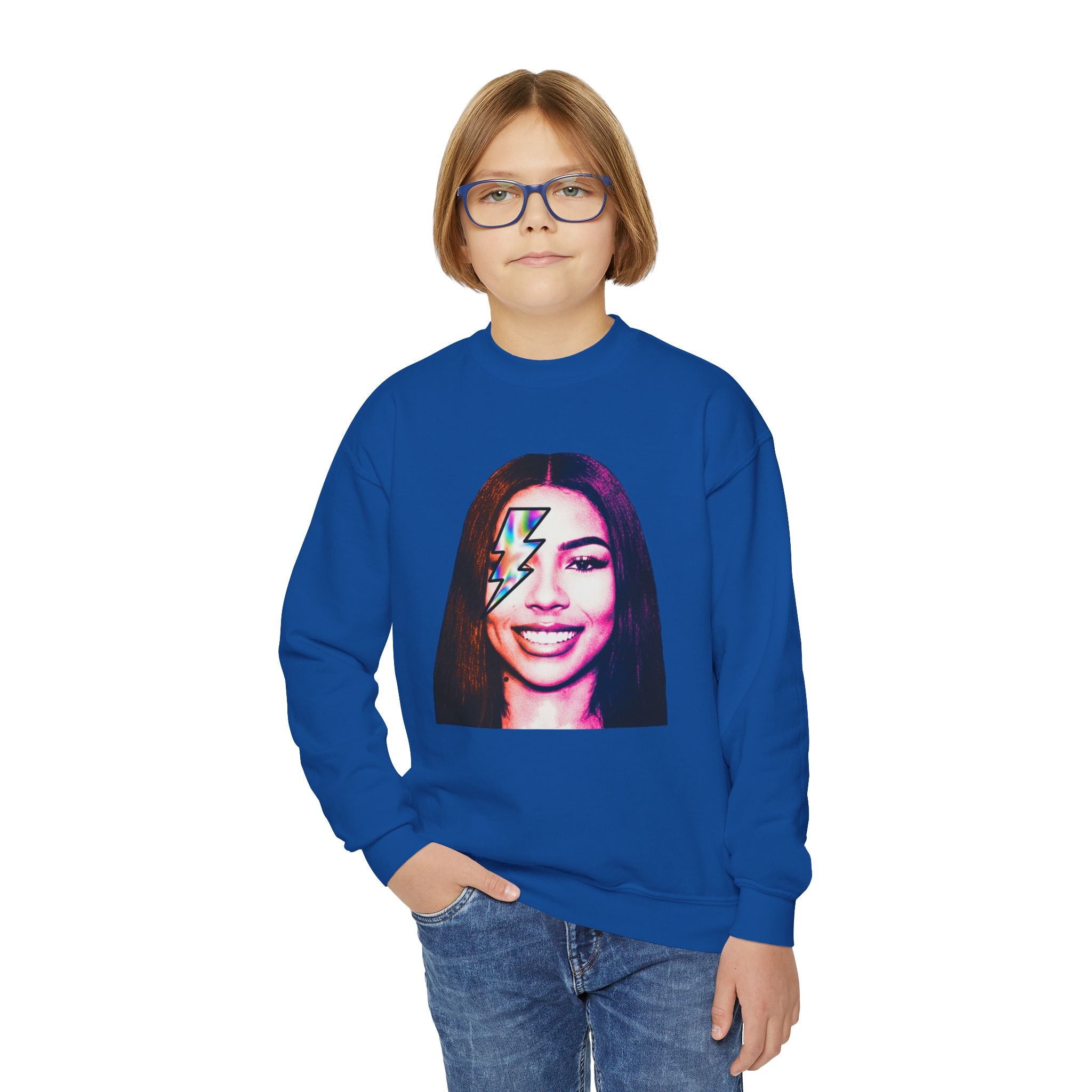 Retro Lightning Face Youth Crewneck Sweatshirt - Pixie Sleeze