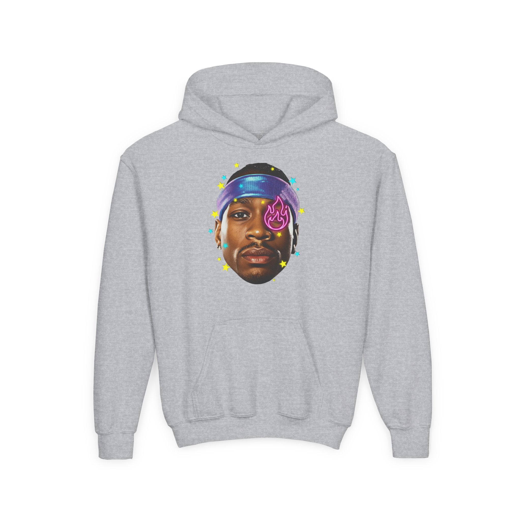 Youth Hoodie — Colorful Portrait Face Graphic with Neon Flame Accent - Pixie Sleeze