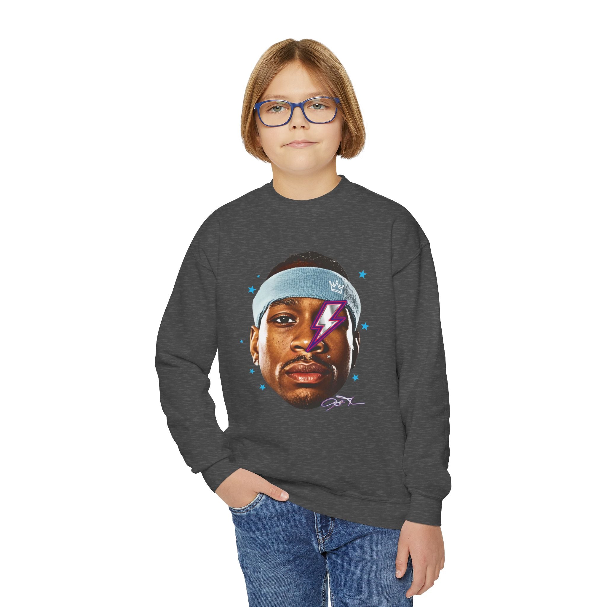 Youth Sweatshirt — Retro Lightning Face Graphic Crewneck - Pixie Sleeze