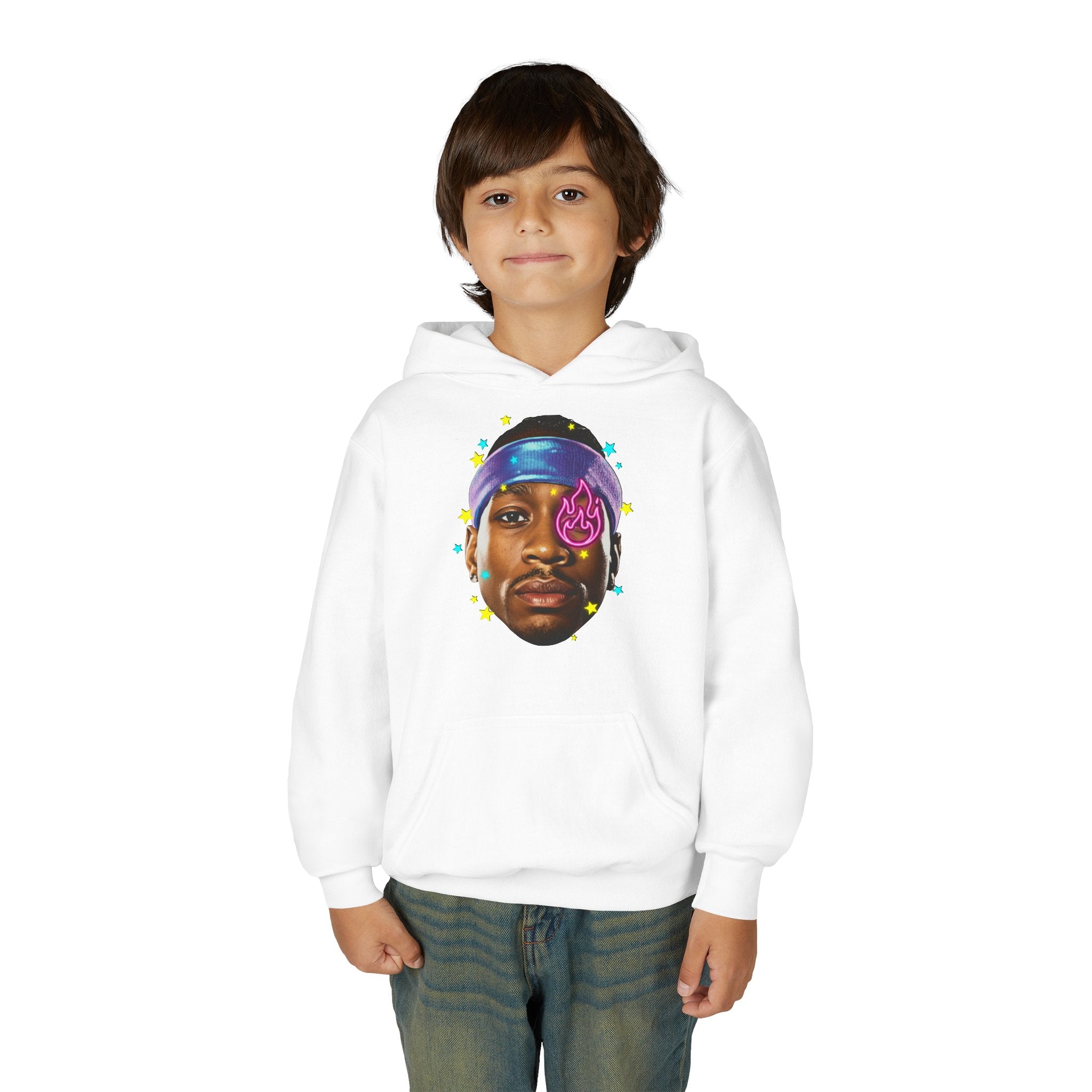 Youth Hoodie — Colorful Portrait Face Graphic with Neon Flame Accent - Pixie Sleeze