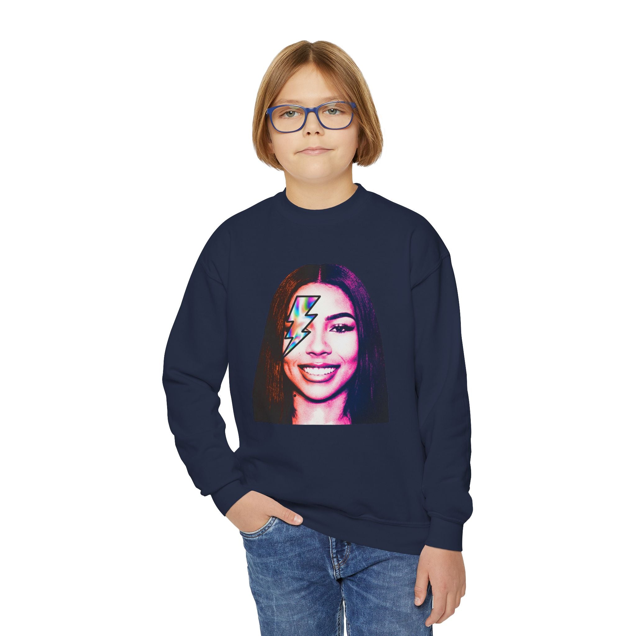Retro Lightning Face Youth Crewneck Sweatshirt - Pixie Sleeze