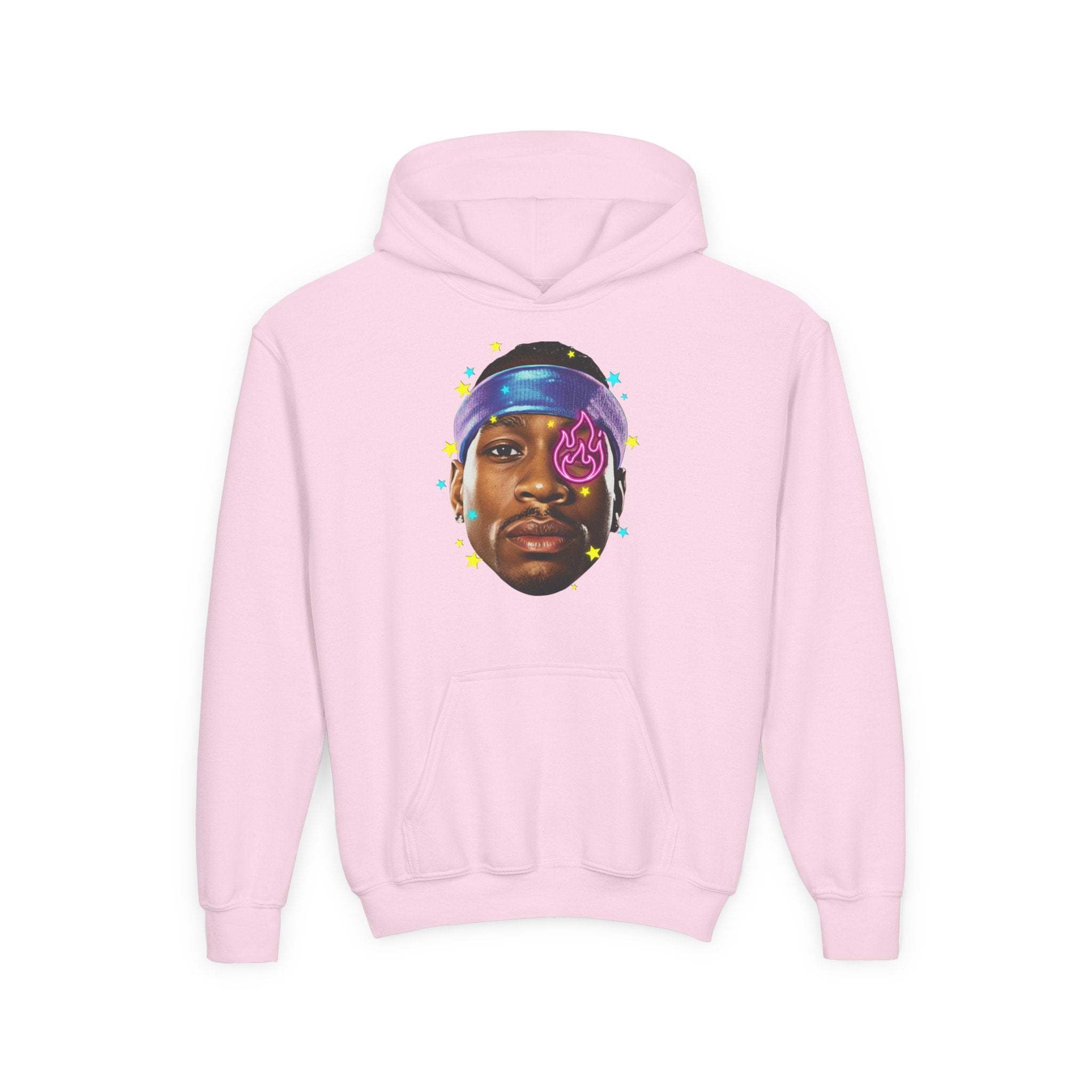 Youth Hoodie — Colorful Portrait Face Graphic with Neon Flame Accent - Pixie Sleeze