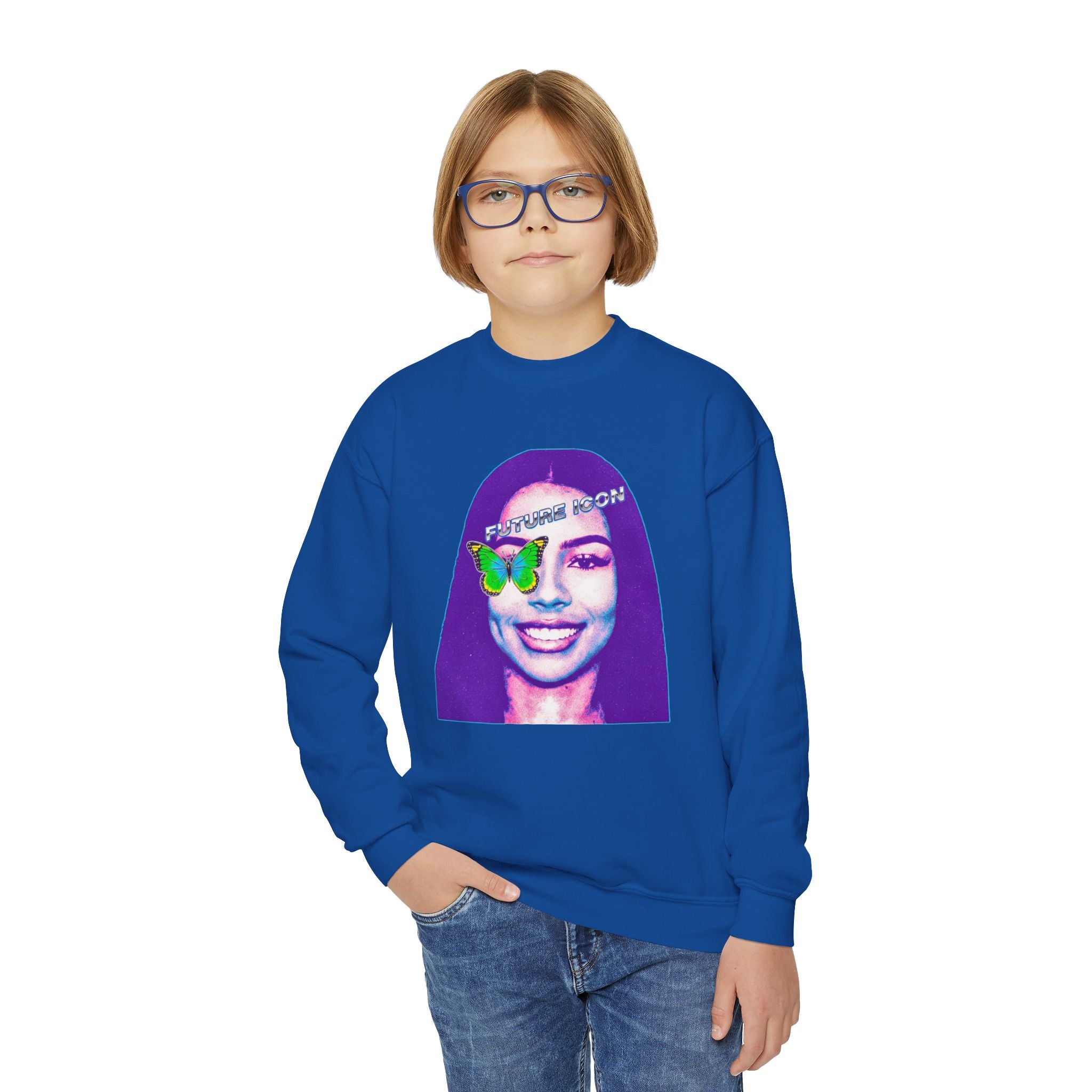 Youth Crewneck Sweatshirt — Retro Portrait Graphic with Butterfly Accent - Pixie Sleeze