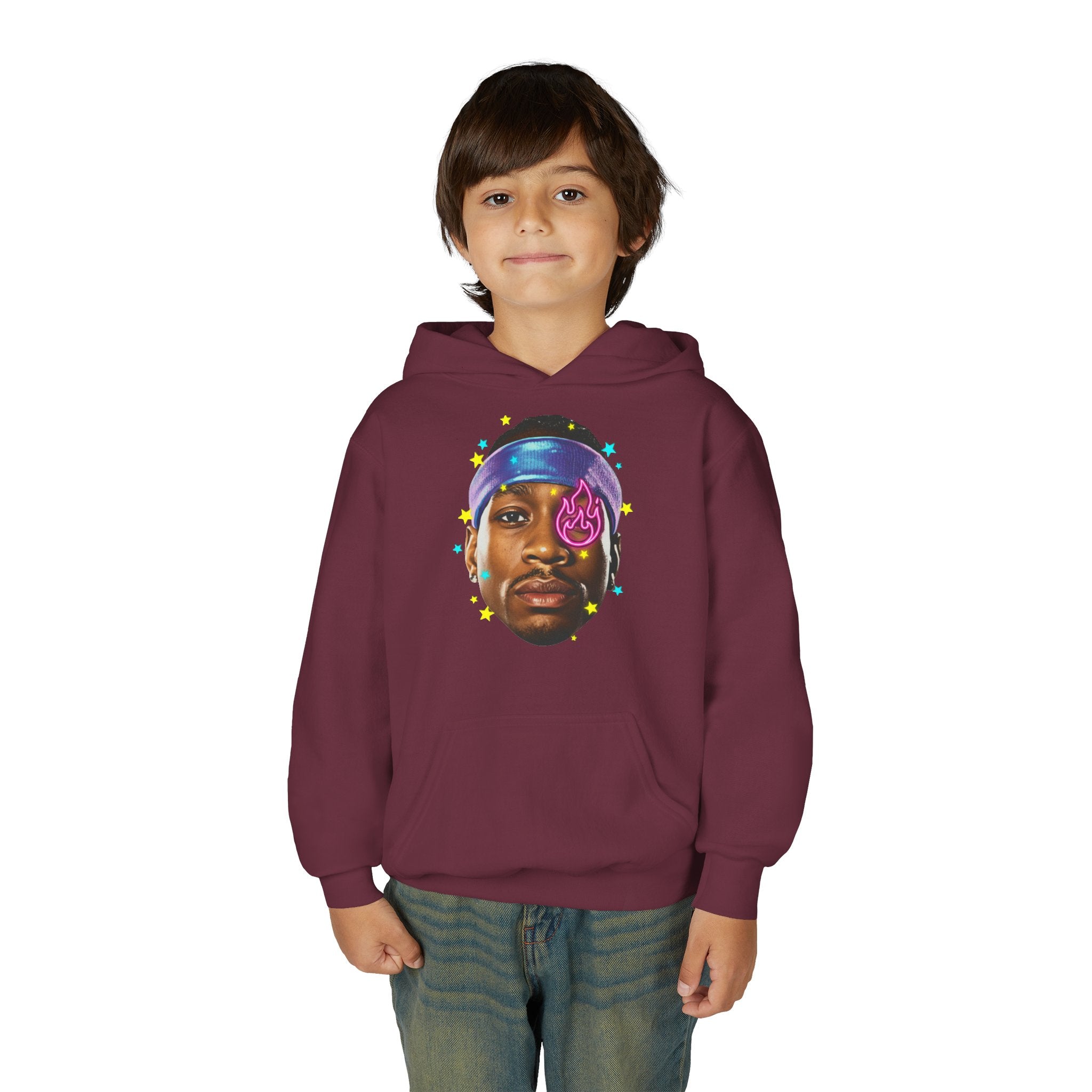 Youth Hoodie — Colorful Portrait Face Graphic with Neon Flame Accent - Pixie Sleeze