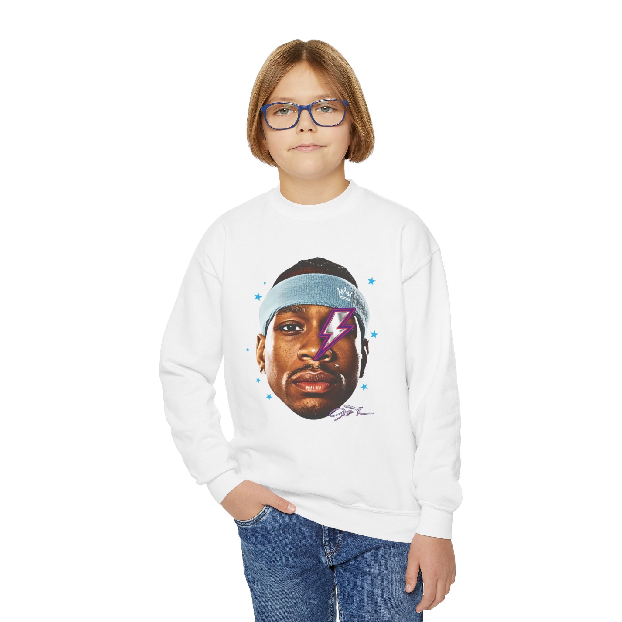 Youth Sweatshirt — Retro Lightning Face Graphic Crewneck - Pixie Sleeze