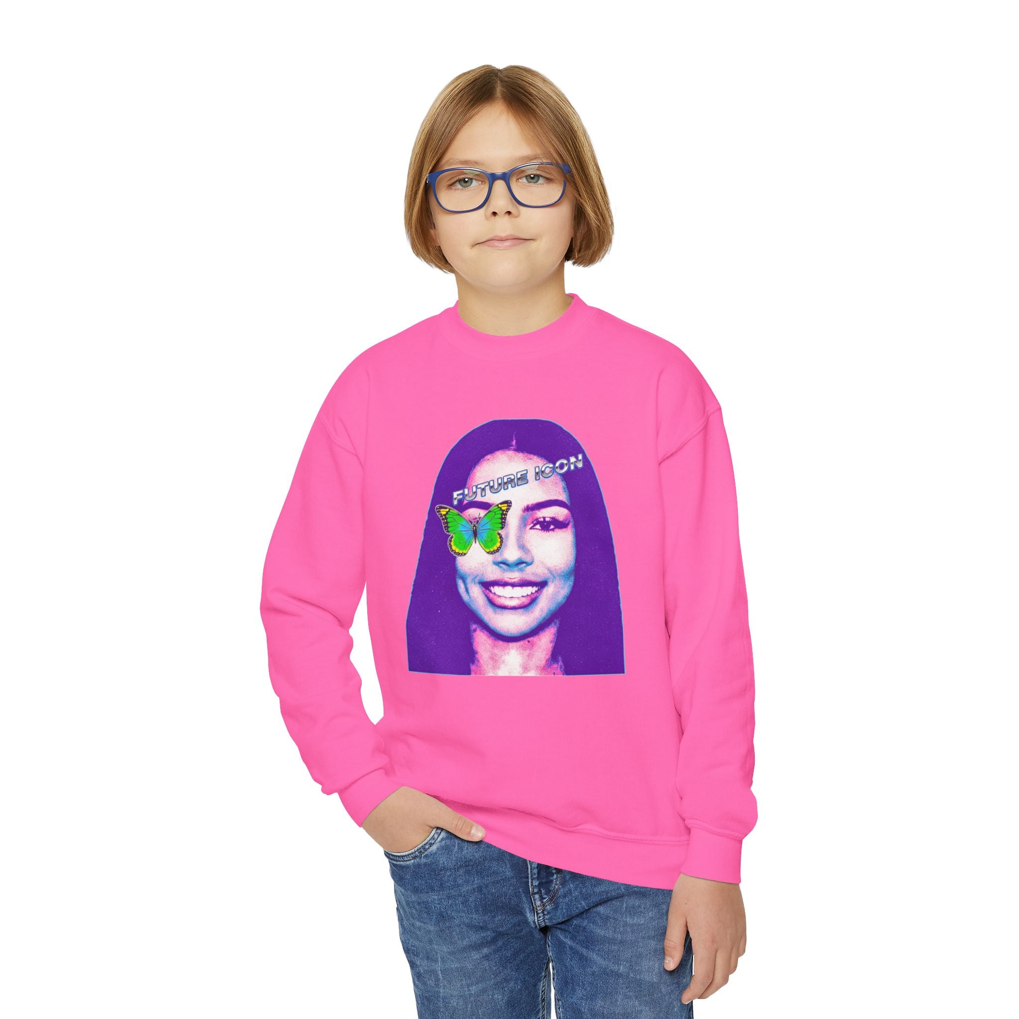 Youth Crewneck Sweatshirt — Retro Portrait Graphic with Butterfly Accent - Pixie Sleeze