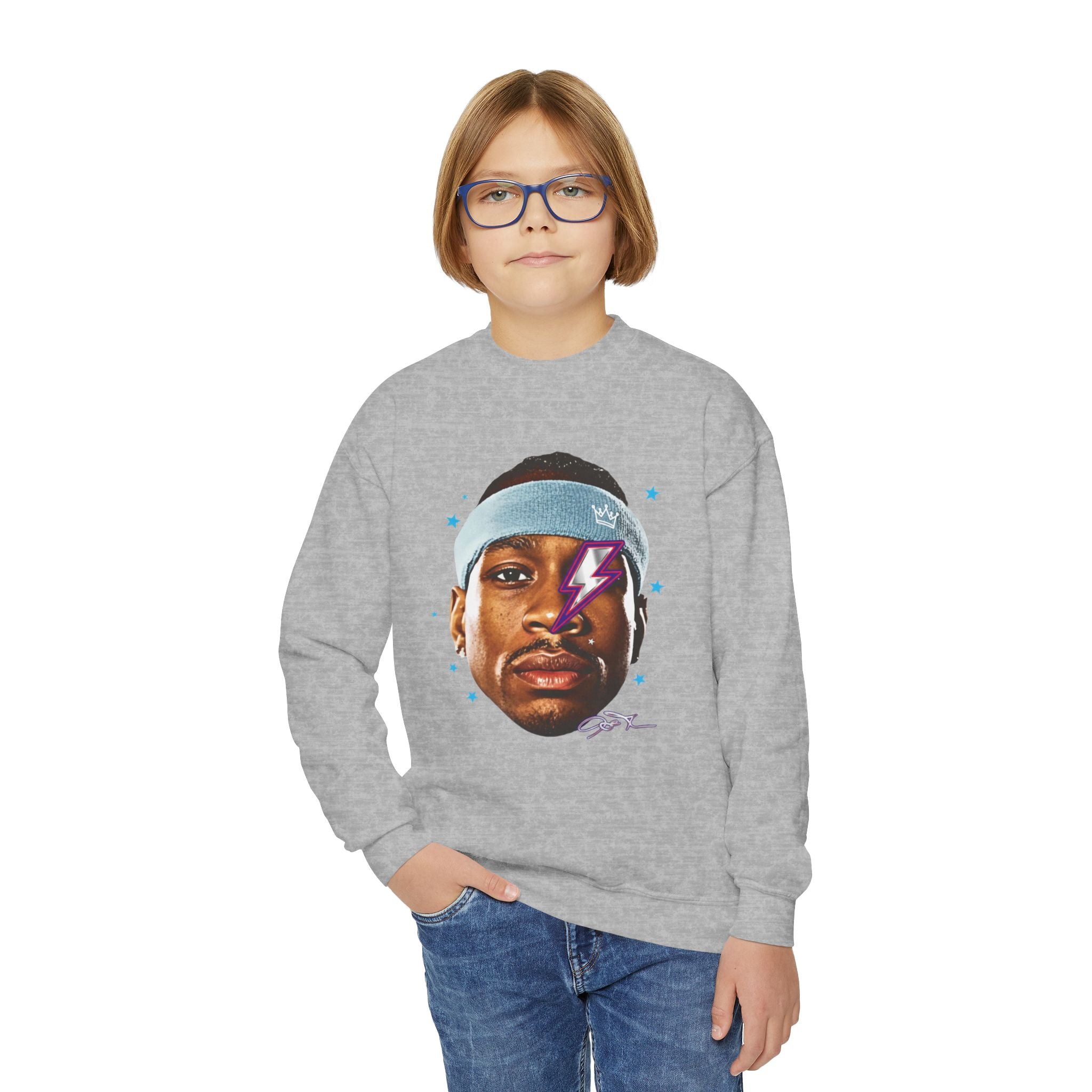 Youth Sweatshirt — Retro Lightning Face Graphic Crewneck - Pixie Sleeze