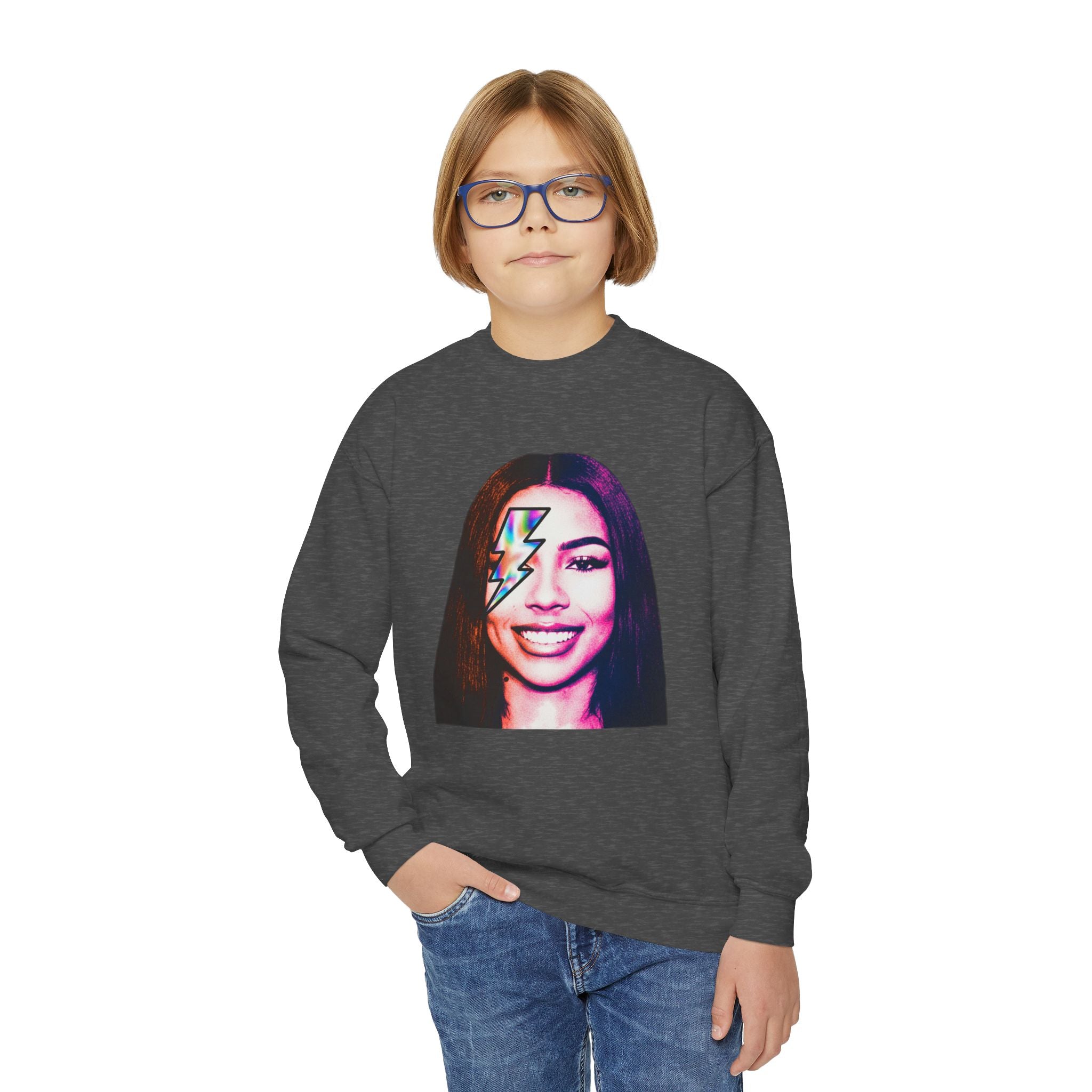Retro Lightning Face Youth Crewneck Sweatshirt - Pixie Sleeze
