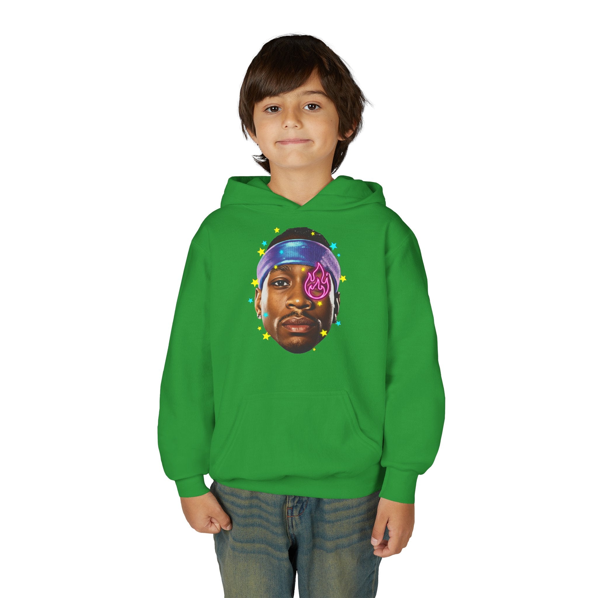 Youth Hoodie — Colorful Portrait Face Graphic with Neon Flame Accent - Pixie Sleeze